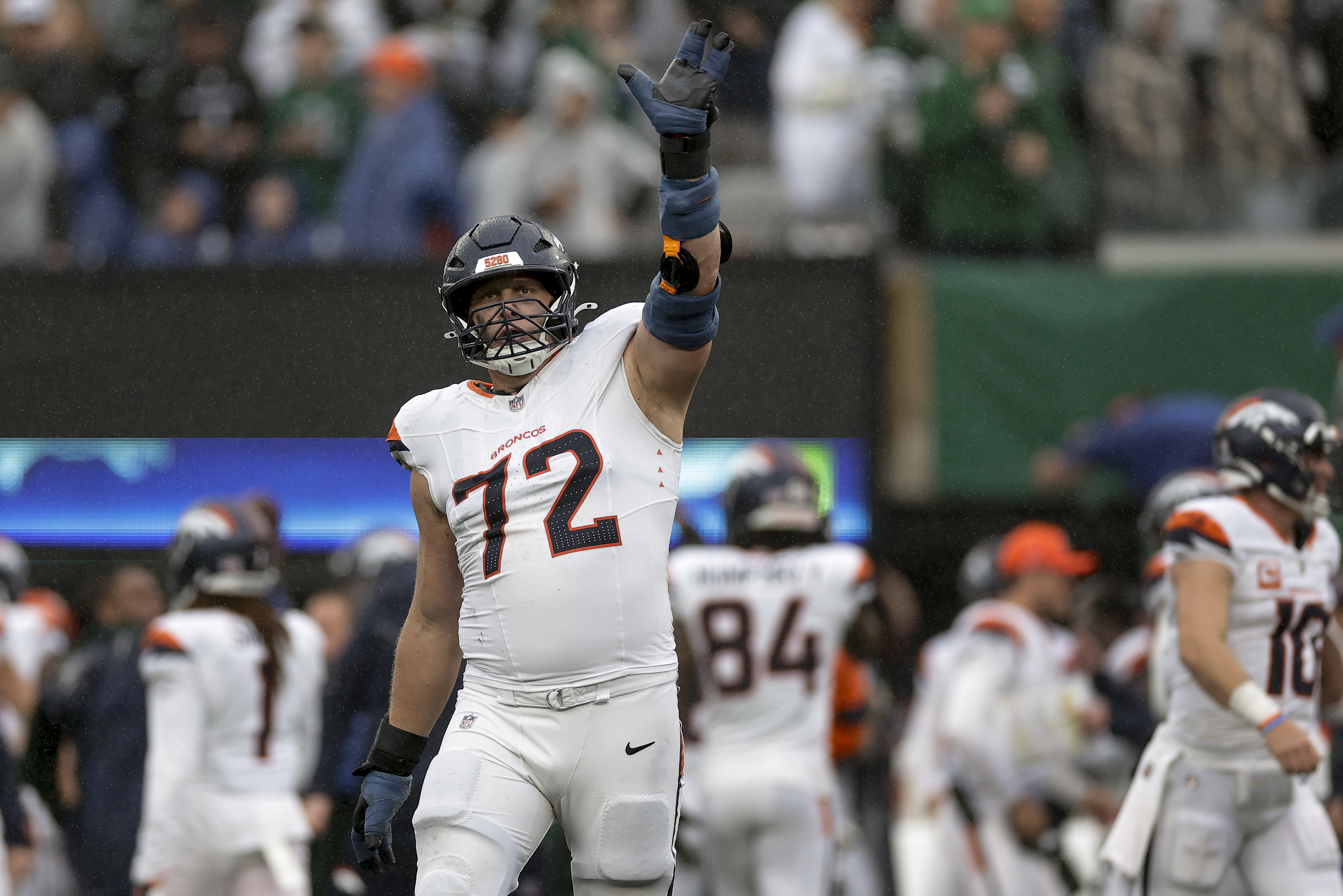 Denver Broncos offensive tackle Garett Bolles (72) reacts after defeating the New York Jets in an NFL football game, Sunday, Sept. 29, 2024, in East Rutherford, N.J. (AP Photo/Adam Hunger) (Adam Hunger)