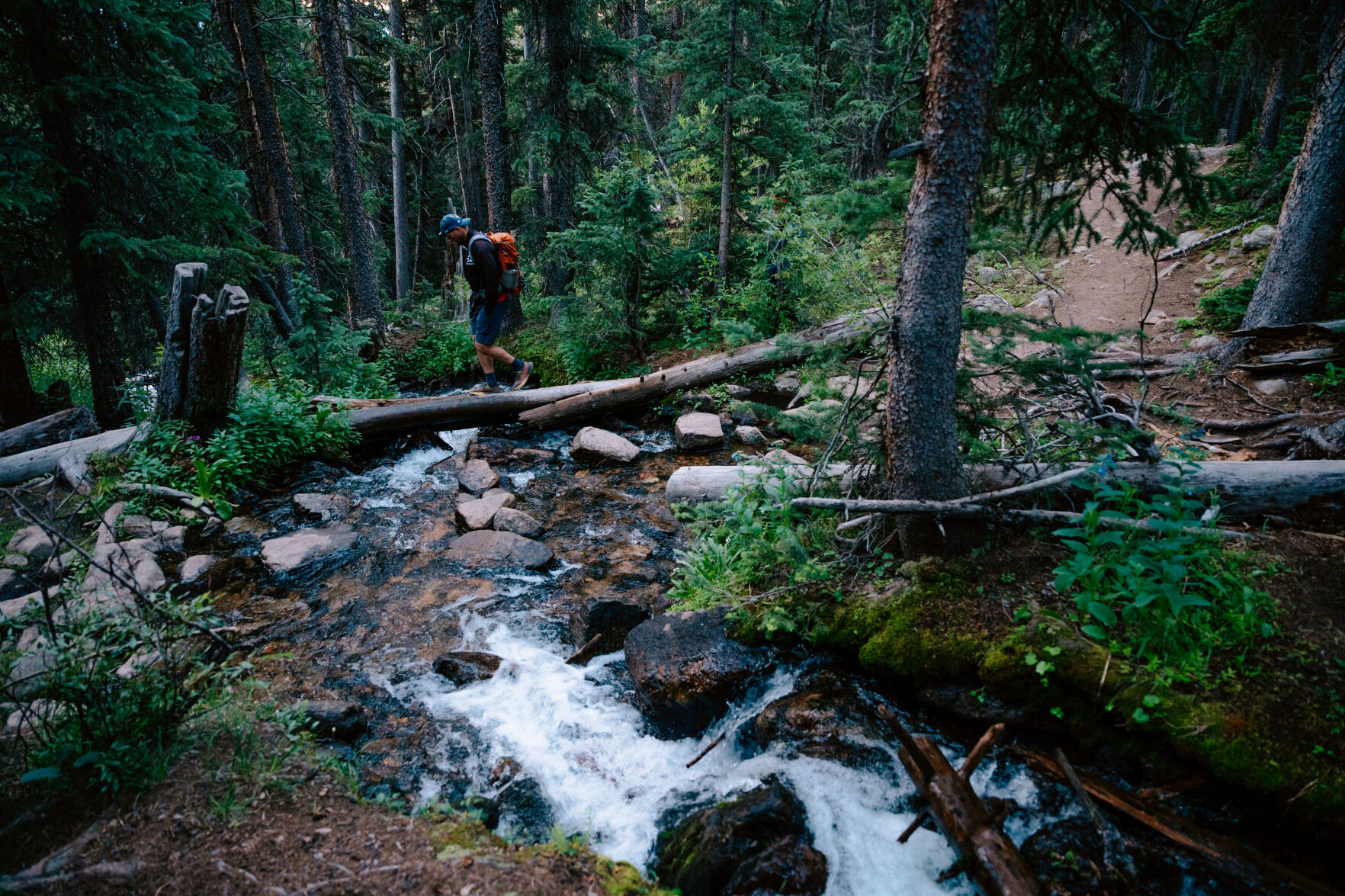A hiker uses logs to cross South Willow Creek on the 10th segment of the Colorado Trail near Twin Lakes. By the Colorado Trail Foundation’s description, the path travels six national forests and six wilderness areas, crossing through five major river drainages and over eight mountain ranges. (Parker Seibold, The Gazette)