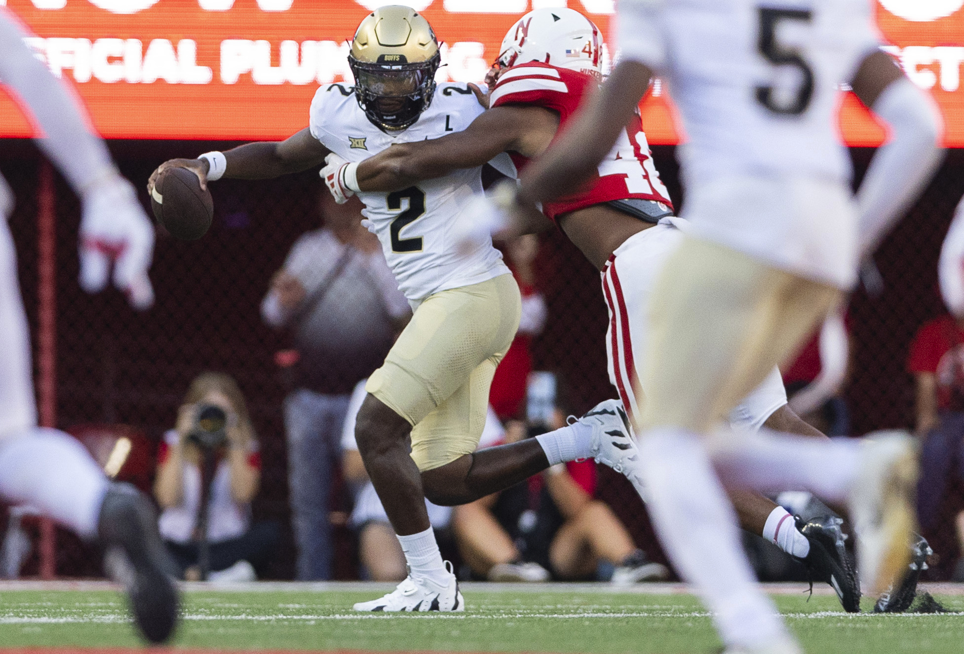 Nebraska linebacker MJ Sherman, right, tackles Colorado quarterback Shedeur Sanders during the first half of an NCAA college football game Saturday, Sept. 7, 2024, in Lincoln, Neb. (AP Photo/Rebecca S. Gratz) (Rebecca S. Gratz)