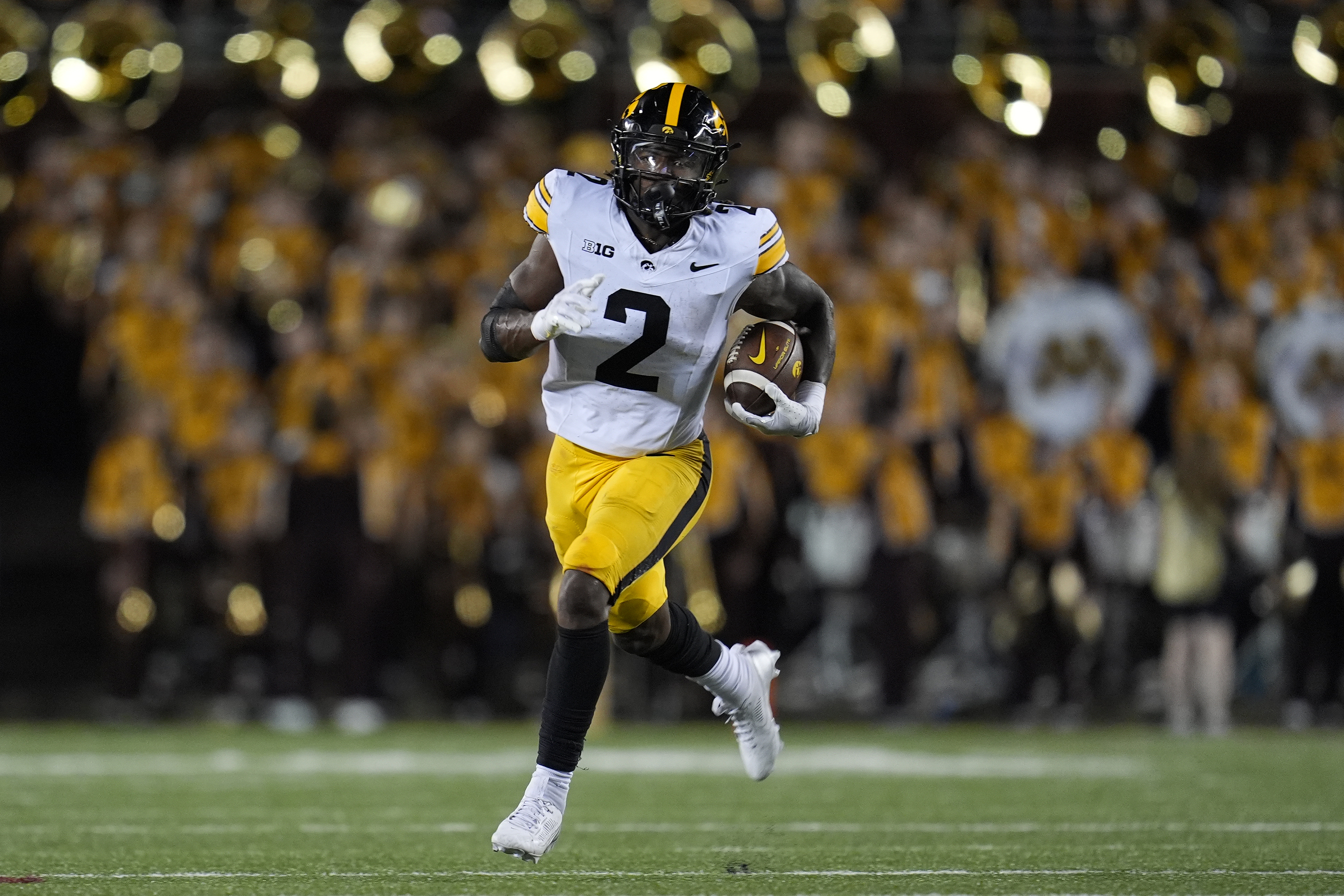 Iowa running back Kaleb Johnson runs with the ball during the second half of an NCAA college football game against Minnesota, Saturday, Sept. 21, 2024, in Minneapolis. (AP Photo/Abbie Parr) (Abbie Parr)