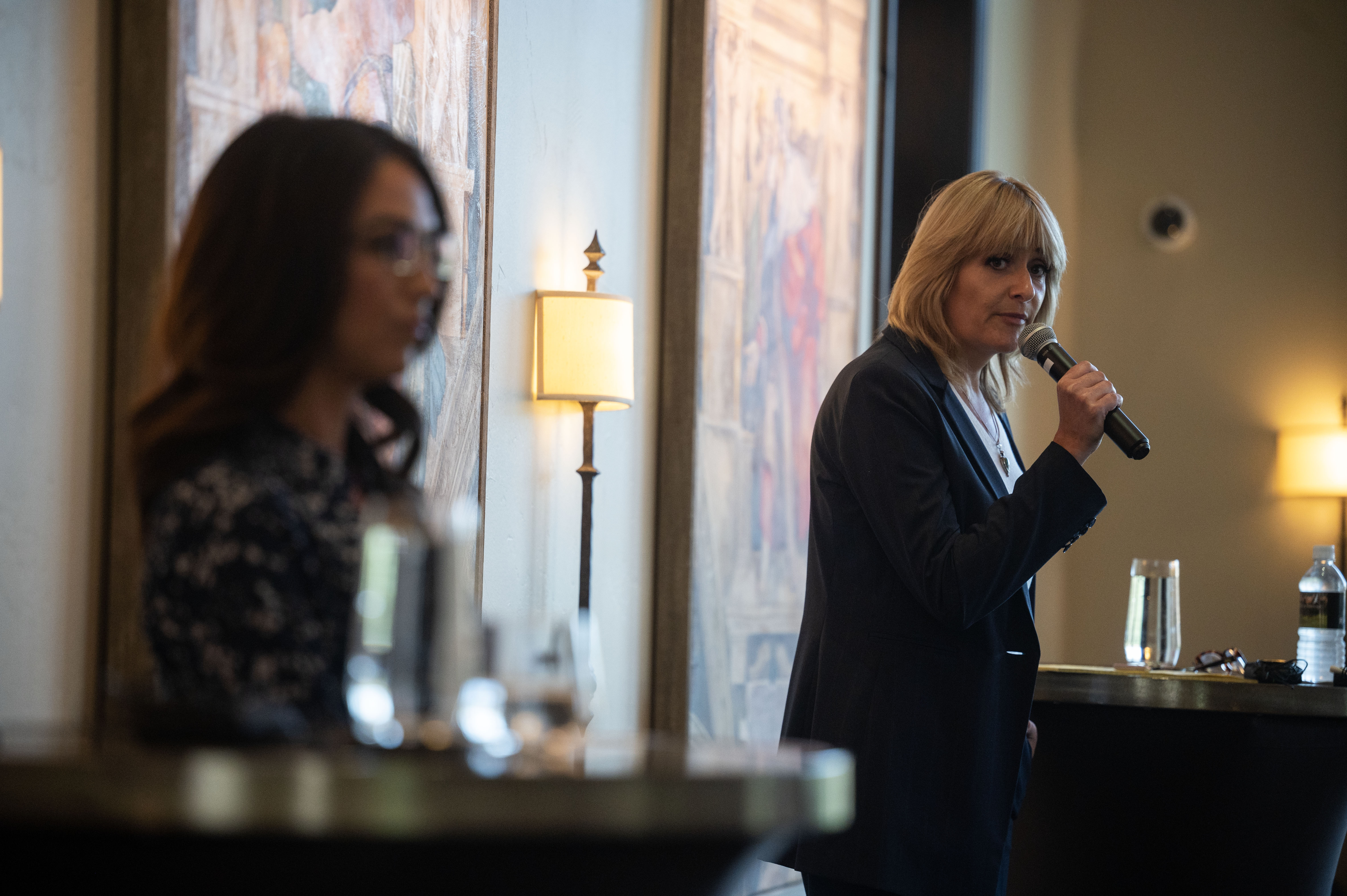 Trisha Calvarese, right, answers a question from the moderators during a debate with Lauren Boebert at The Club at Ravenna on Tuesday, Sept. 3, 2024. (Stephen Swofford, Denver Gazette) (StephenSwoffordPhotographerstephen.swofford@gazette.comhttps://secure.gravatar.com/avatar/1ddcaf11c5d70eaa58546ddc4e038687?d=mm&r=g)