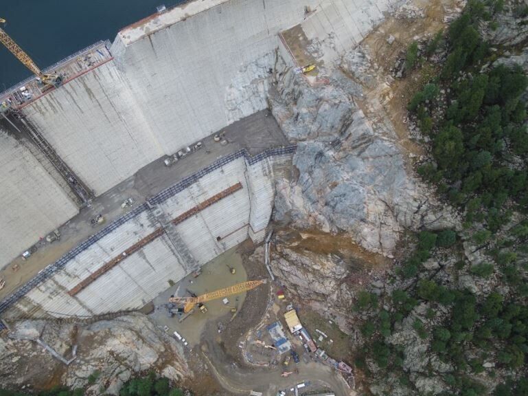 An arial view of the Gross Reservoir and Dam construction in Boulder County as of Sept. 5, 2024. Photo courtesy of Denver Water