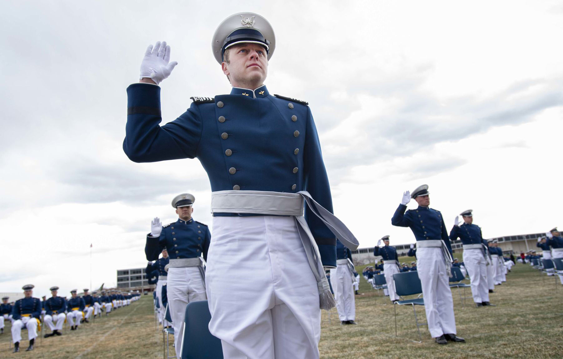 The first company of officers in the new Space Force are commissioned by Gen. John Raymond, chief of space operations, during the Air Force Academy Class of 2020 graduation on the terrazzo of the Air Force Academy in Colorado Springs. (Christian Murdock, gazette file)