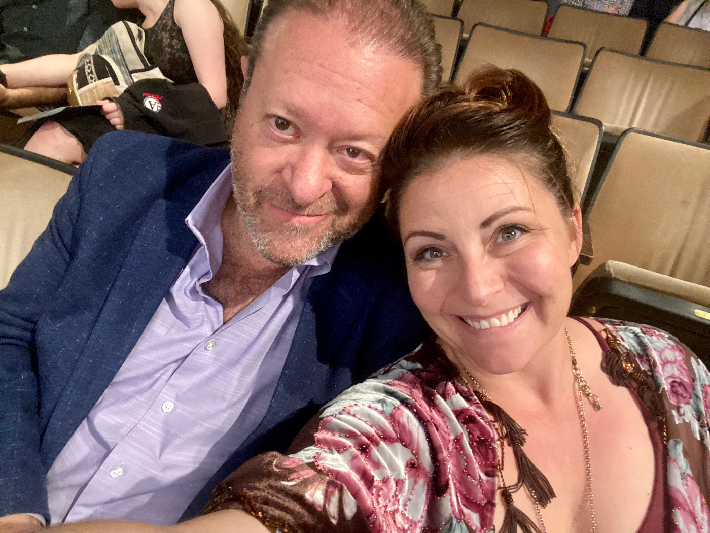 Robert Michael Sanders, left, and Jessica Hindsley enjoy the moment just before the off-Broadway opening of 'That Parenting Musical' on Sept. 12, 2024. Sanders was the project's original director, and Hindsley was its choreographer. (JESSICA HINDSLEY)