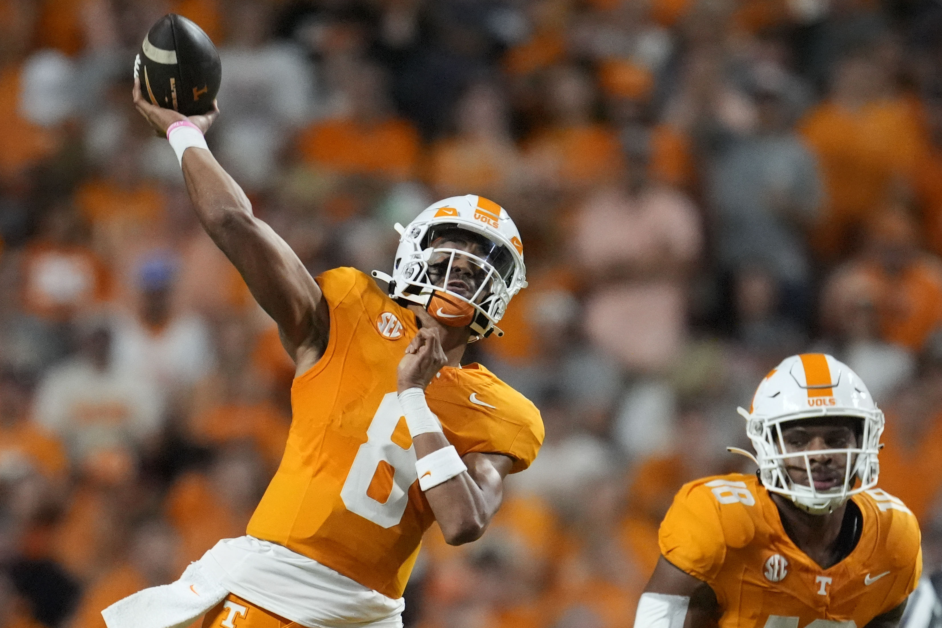 Tennessee quarterback Nico Iamaleava (8) throws a pass during the first half of an NCAA college football game against Kent State, Saturday, Sept. 14, 2024, in Knoxville, Tenn. (AP Photo/George Walker IV) (George Walker IV)