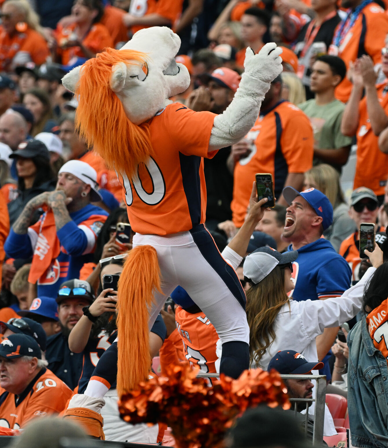 Broncos mascot Miles get the crowd going on a big third down during a game against the Raiders at Empower Field at Mile High on Sunday, Sept. 12, 2023. (Photo by Jerilee Bennett, The Gazette)
