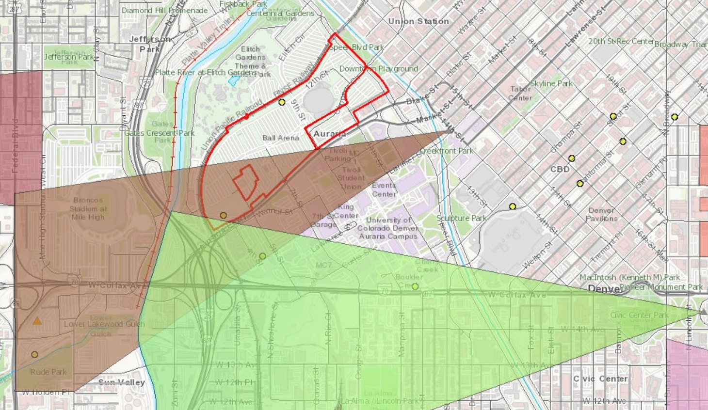 A photo of the Old City Hall view plane in a city presentation proposing to exempt the Ball Arena area from height restrictions. (City of Denver)