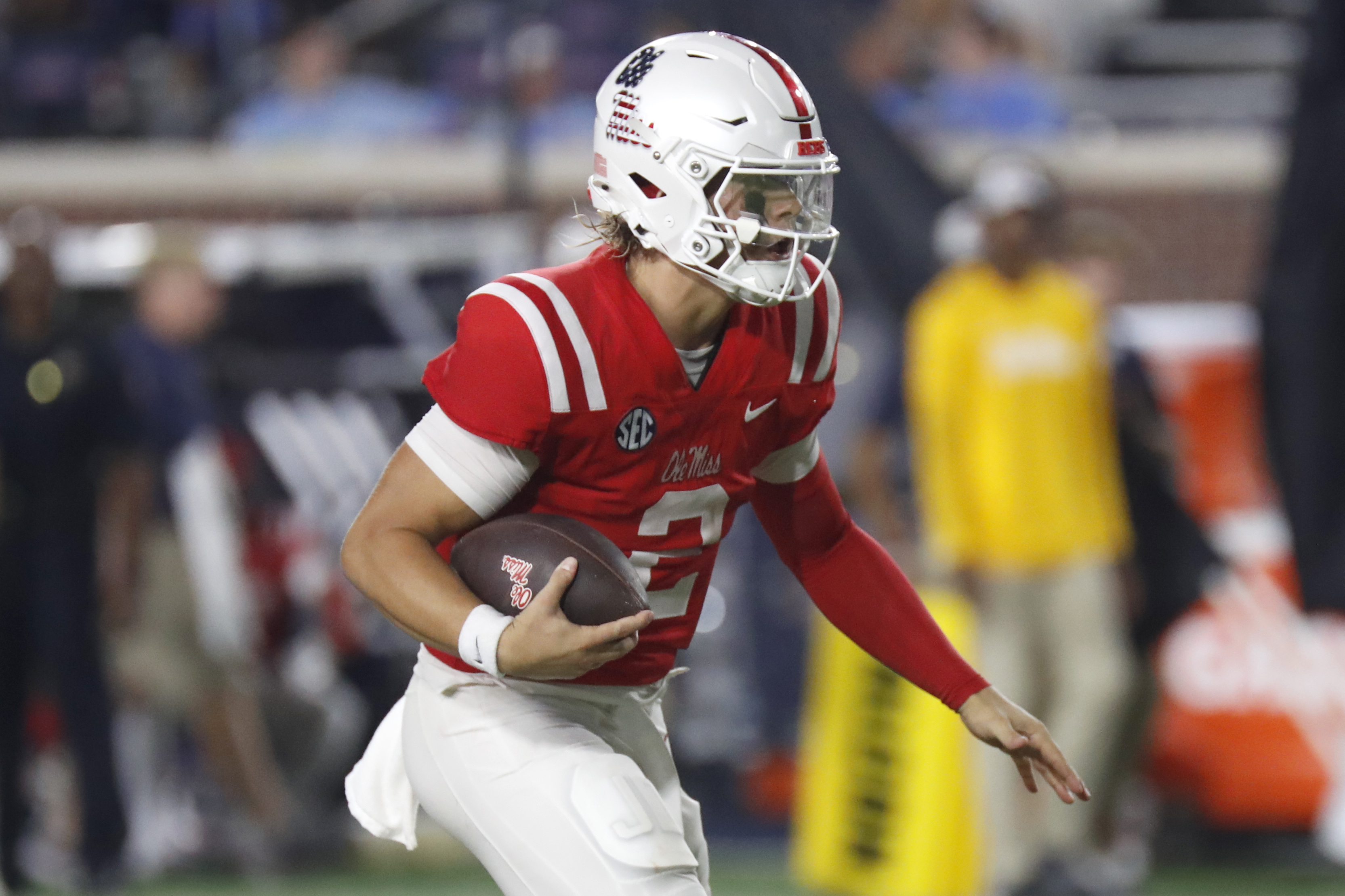 Mississippi quarterback Jaxson Dart (2) runs the ball during the second half of an NCAA college football game against Georgia Southern, Saturday, Sept. 21, 2024, in Oxford, Miss. (AP Photo/Sarah Warnock) (Sarah Warnock)