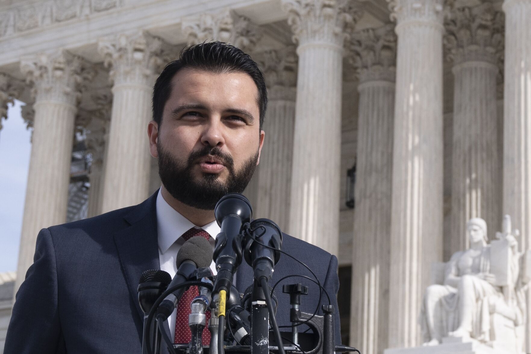 Colorado Republican Party Chairman Dave Williams speaks in front of the U.S. Supreme Court on Feb. 8, 2024, in Washington, regarding a lawsuit aimed at removing former President Donald Trump from the Colorado ballot. ((AP Photo/Manuel Balce Ceneta))