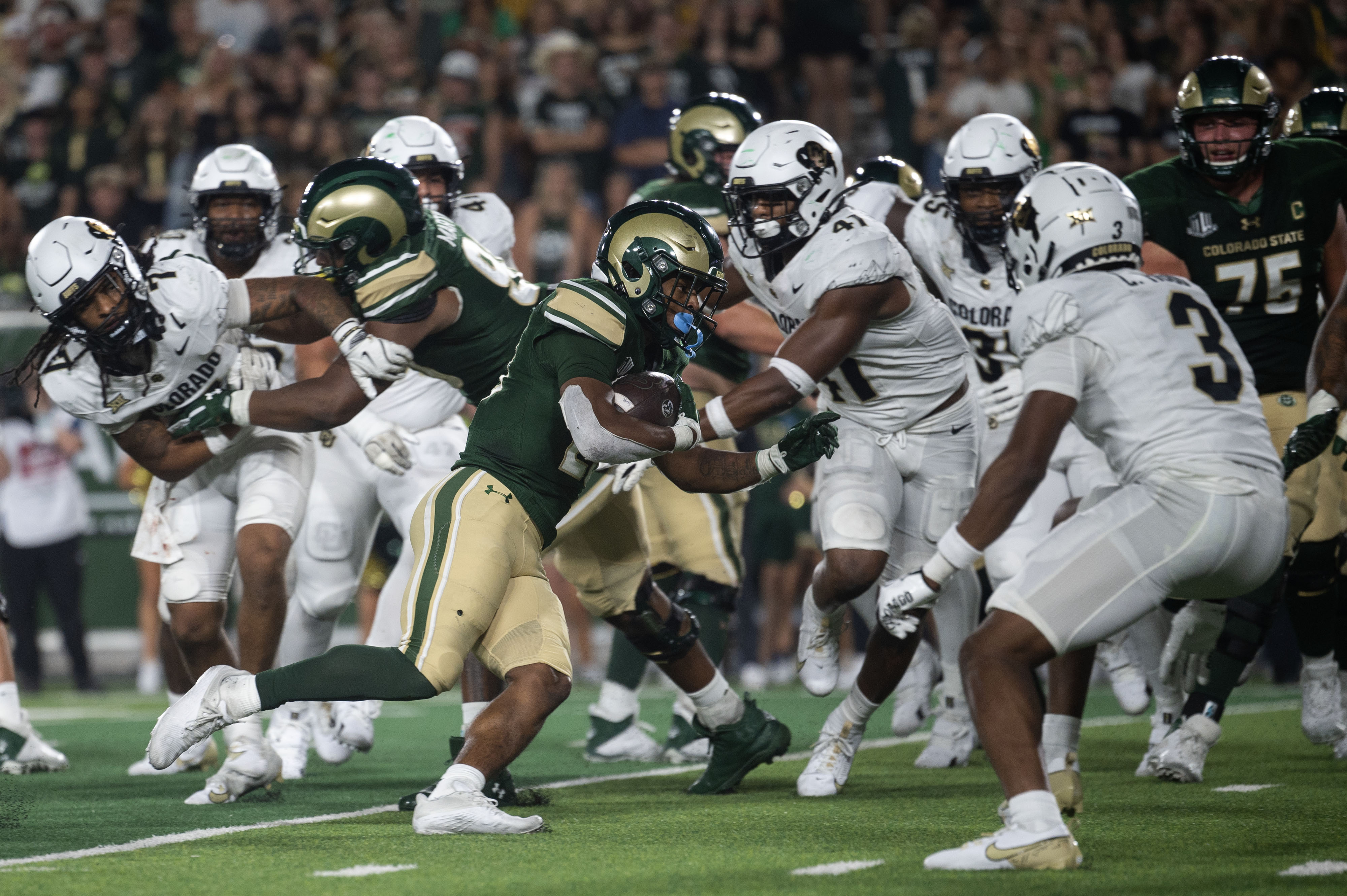 Colorado State freshman running back Justin Marshall (29) runs past the Colorado defense for a touchdown in the second half of the Rocky Mountain Showdown on Saturday, Sept. 14, 2024 at Canvas Stadium in Fort Collins. (Stephen Swofford, Denver Gazette) (Stephen Swofford, Denver Gazette)