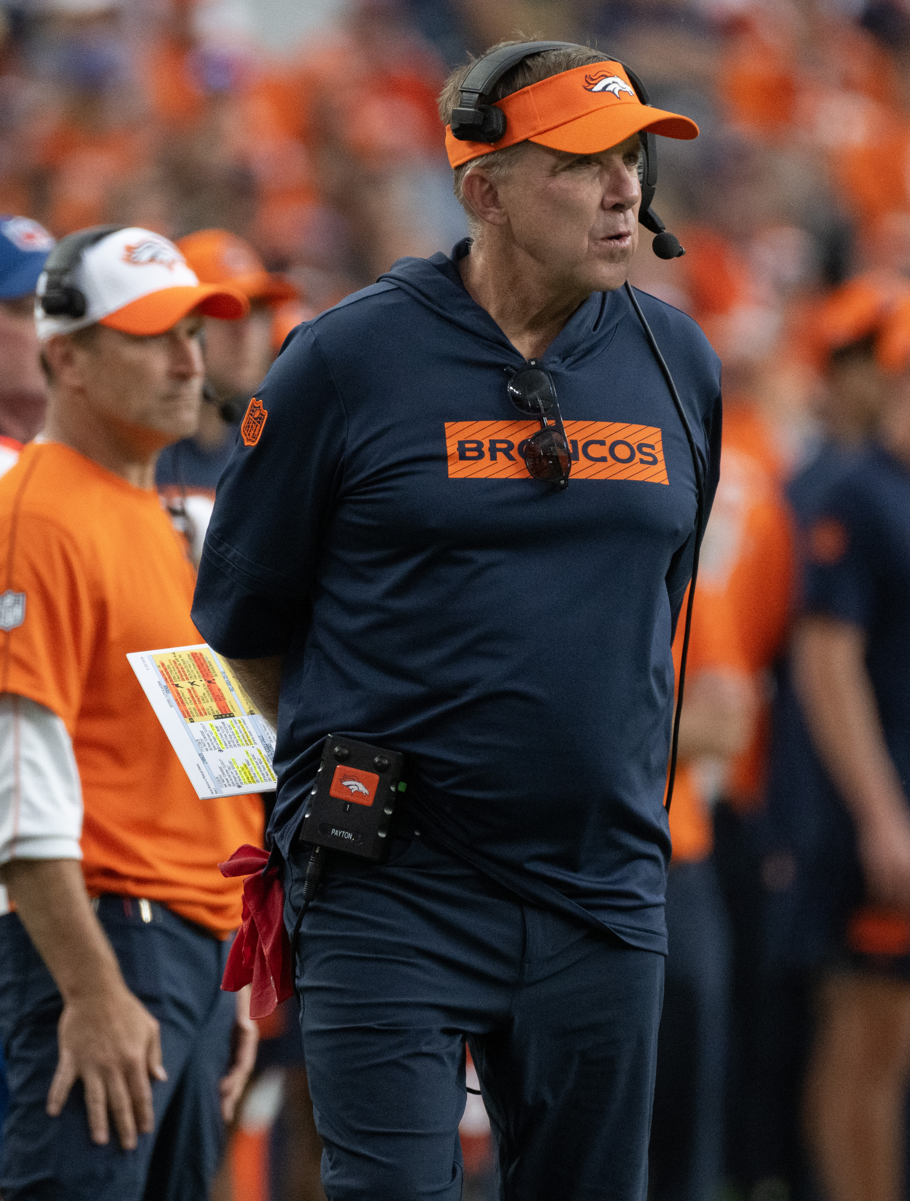 Denver Broncos head coach Sean Payton walks the sidelines during the second half Sunday, Sept. 15, 2024, at Empower Field at Mile High in Denver. Pittsburgh won 13-6. (The Gazette, Christian Murdock) (Christian Murdock)