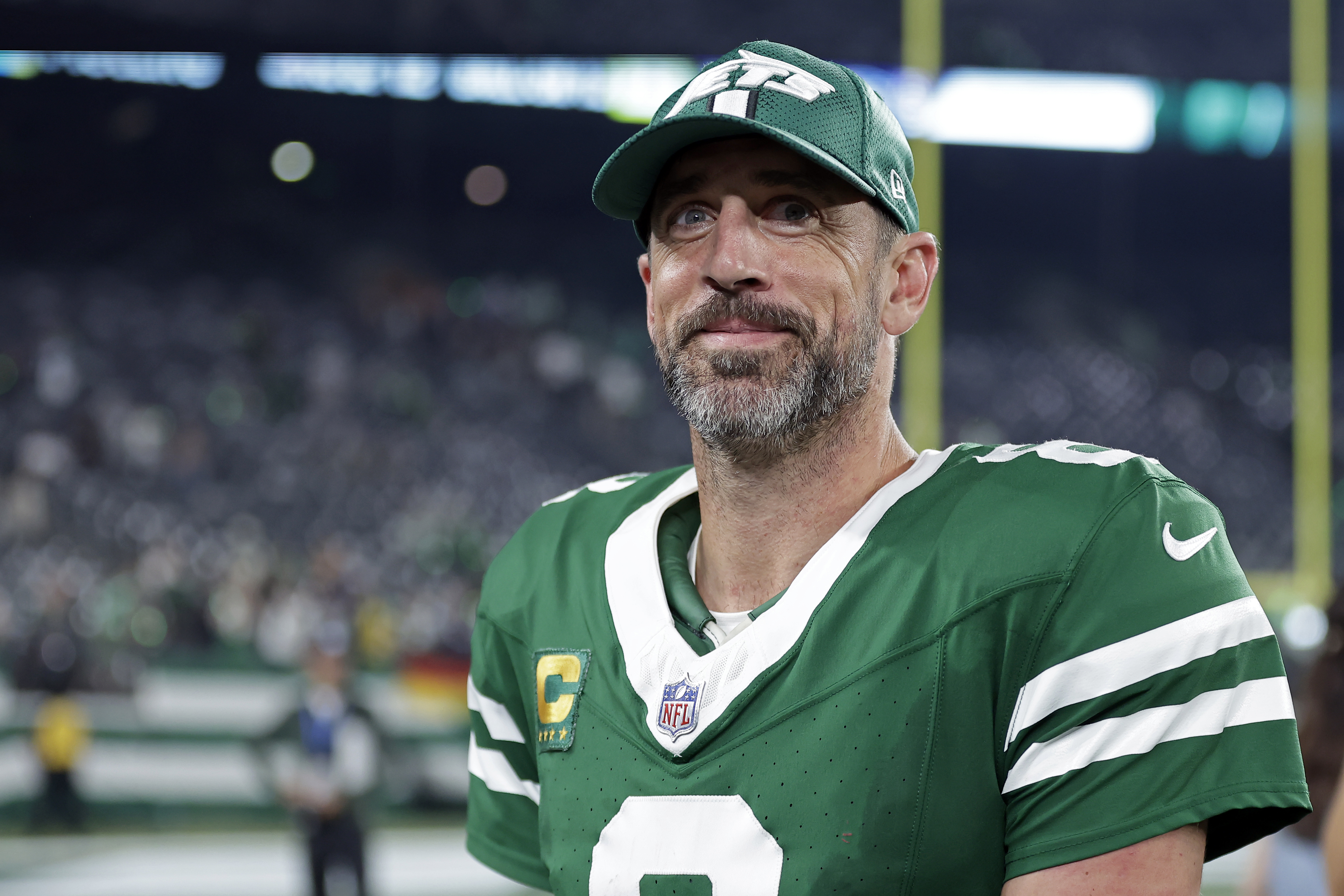 New York Jets quarterback Aaron Rodgers (8) reacts after an NFL football game against the New England Patriots Thursday, Sept. 19, 2024, in East Rutherford, N.J. (AP Photo/Adam Hunger) (Adam Hunger)