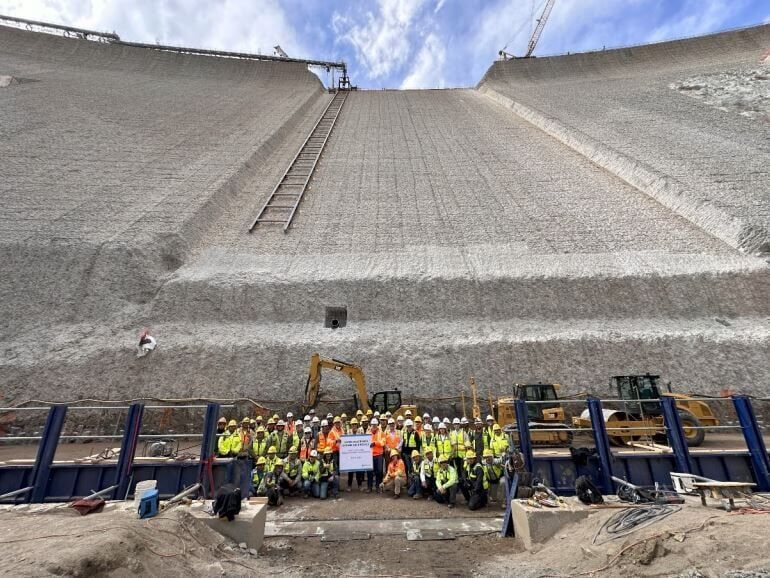 The beginning of roller-compacted concrete placement at Gross Reservoir and Dam on May 3, 2024. Photo courtesy of Denver Water