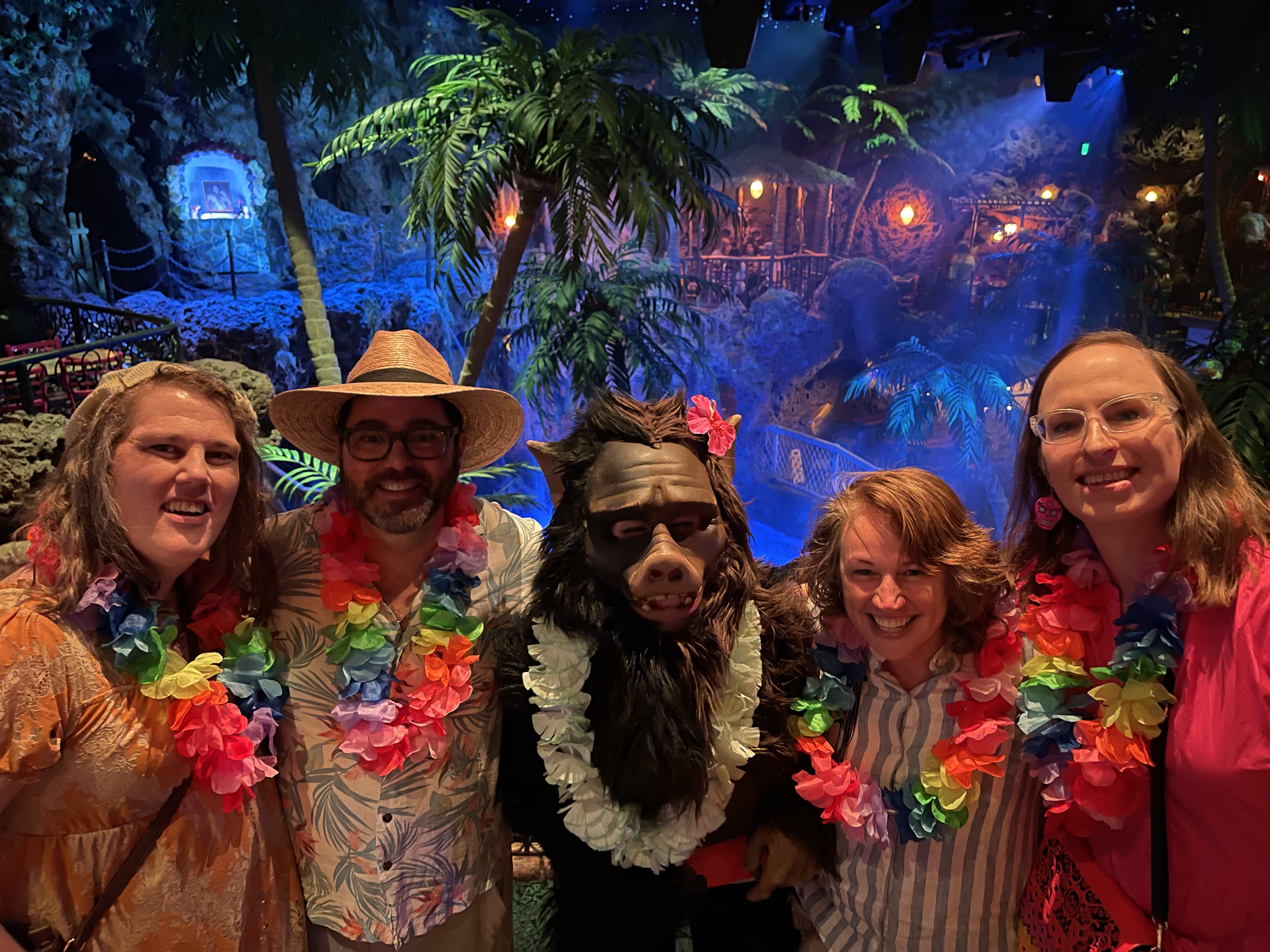 Left to right: Josie Valko, David Musgrave, ManBearPig, Nico Brambila and Eliska Valko mugging with the dancing gorilla at Casa Bonita on Sept. 19, 2024. The actor performing as the gorilla is among those who will soon have a vote on forming a union. (Courtesy photo, Casa Bonita)