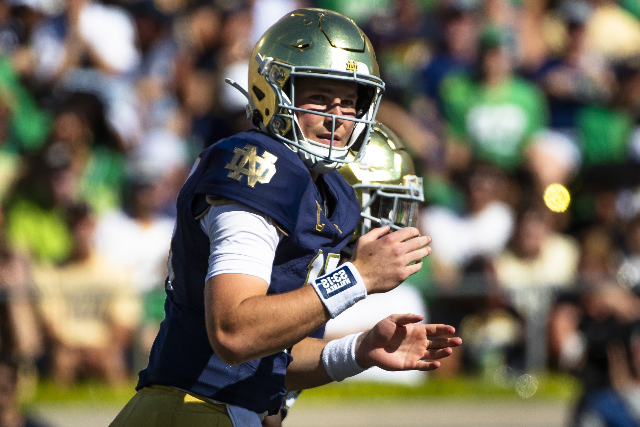 Notre Dame quarterback Riley Leonard (13) looks to the sideline during the first half of an NCAA college football game against Miami (Ohio), Saturday, Sept. 21, 2024, in South Bend, Ind. (AP Photo/Michael Caterina) (Michael Caterina)