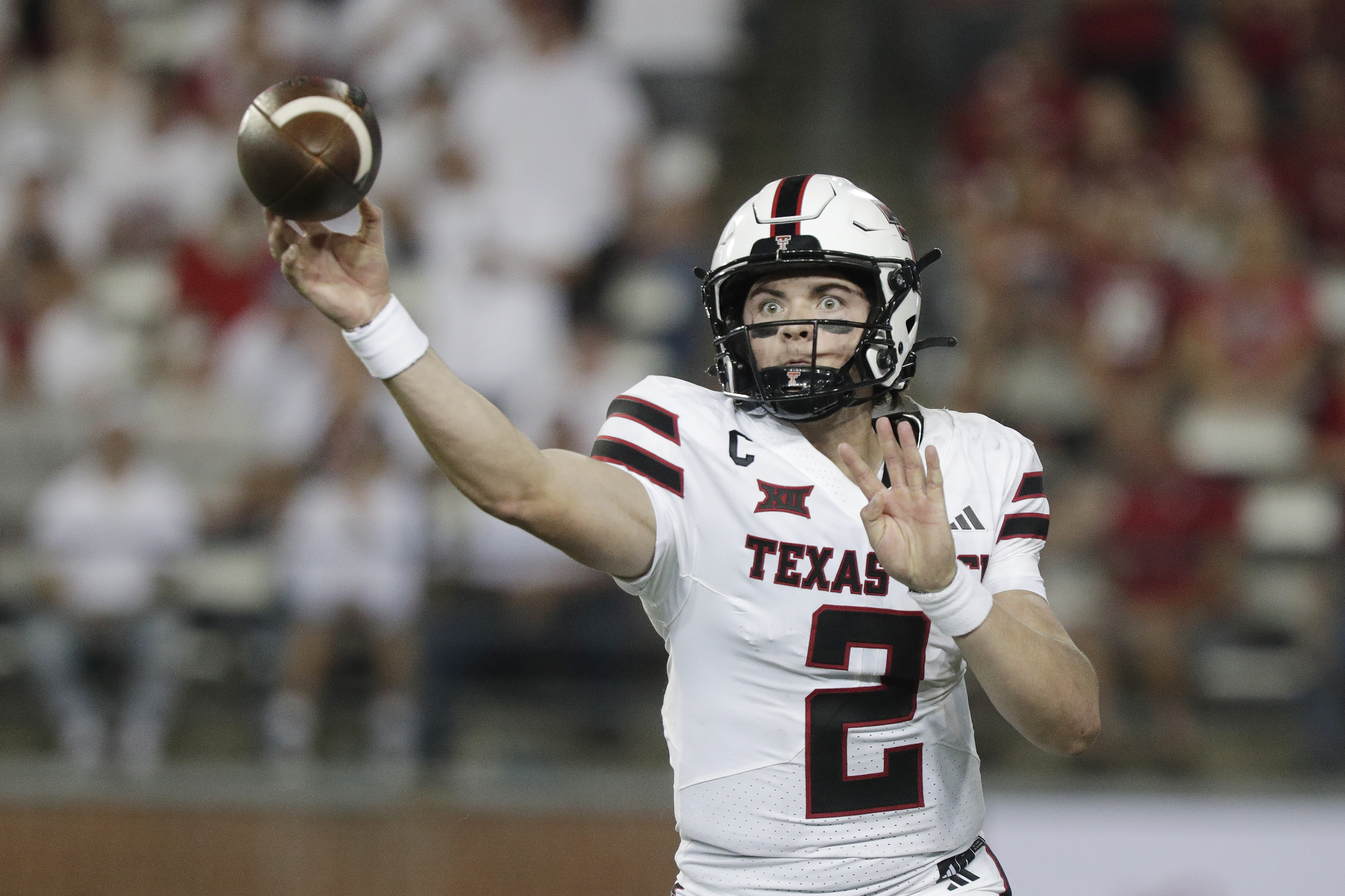 Texas Tech quarterback Behren Morton (2) throws a pass during the second half of an NCAA college football game against Washington State, Saturday, Sept. 7, 2024, in Pullman, Wash. (AP Photo/Young Kwak) (Young Kwak)