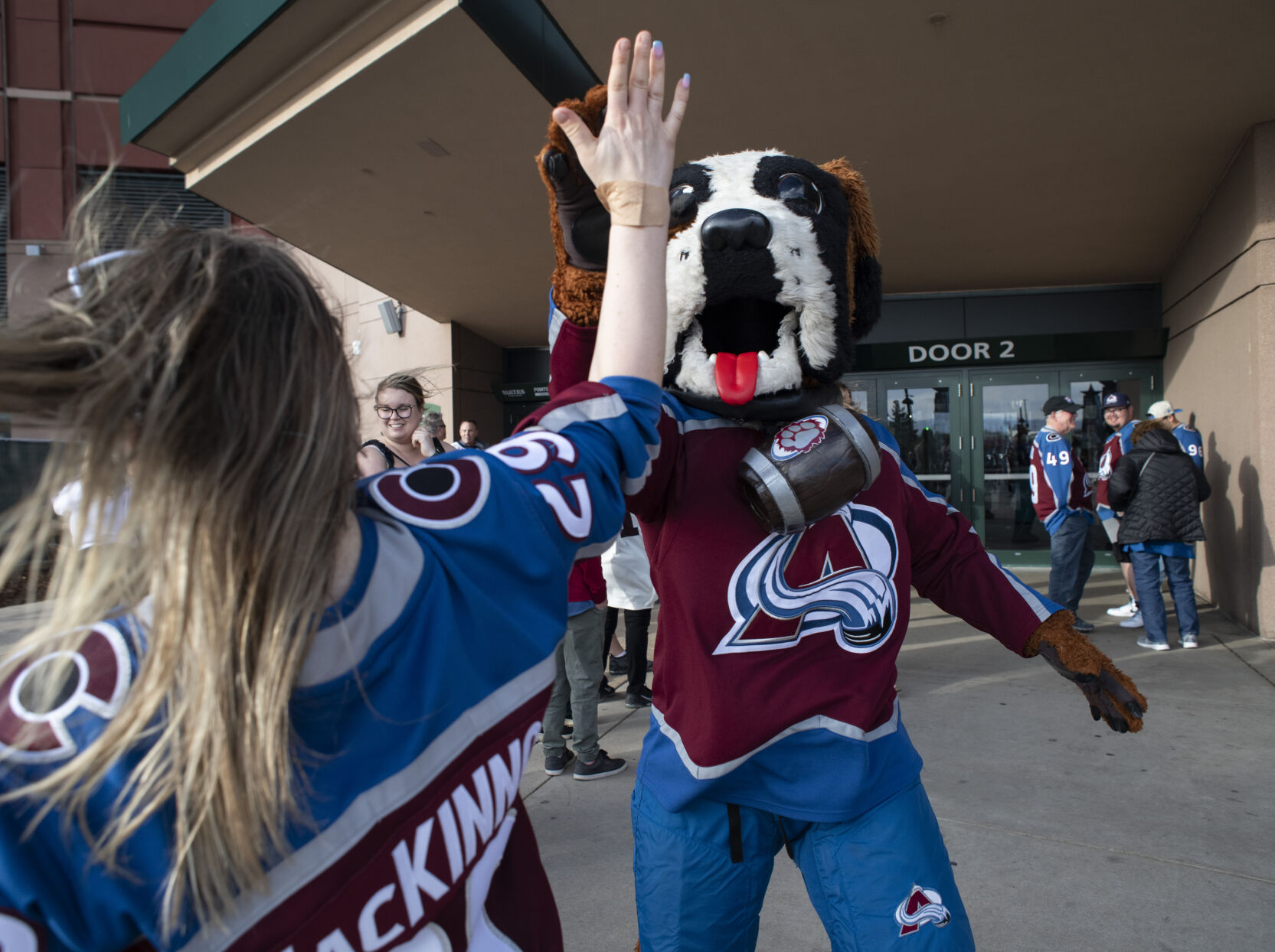Avalanche mascot Bernie greets fans outside before the start of Game 1 of the first round of the Stanley Cup Playoffs Tuesday, April 18, 2023, at Ball Arena in Denver. (The Gazette, Christian Murdock) (Christian Murdock/The Gazette)