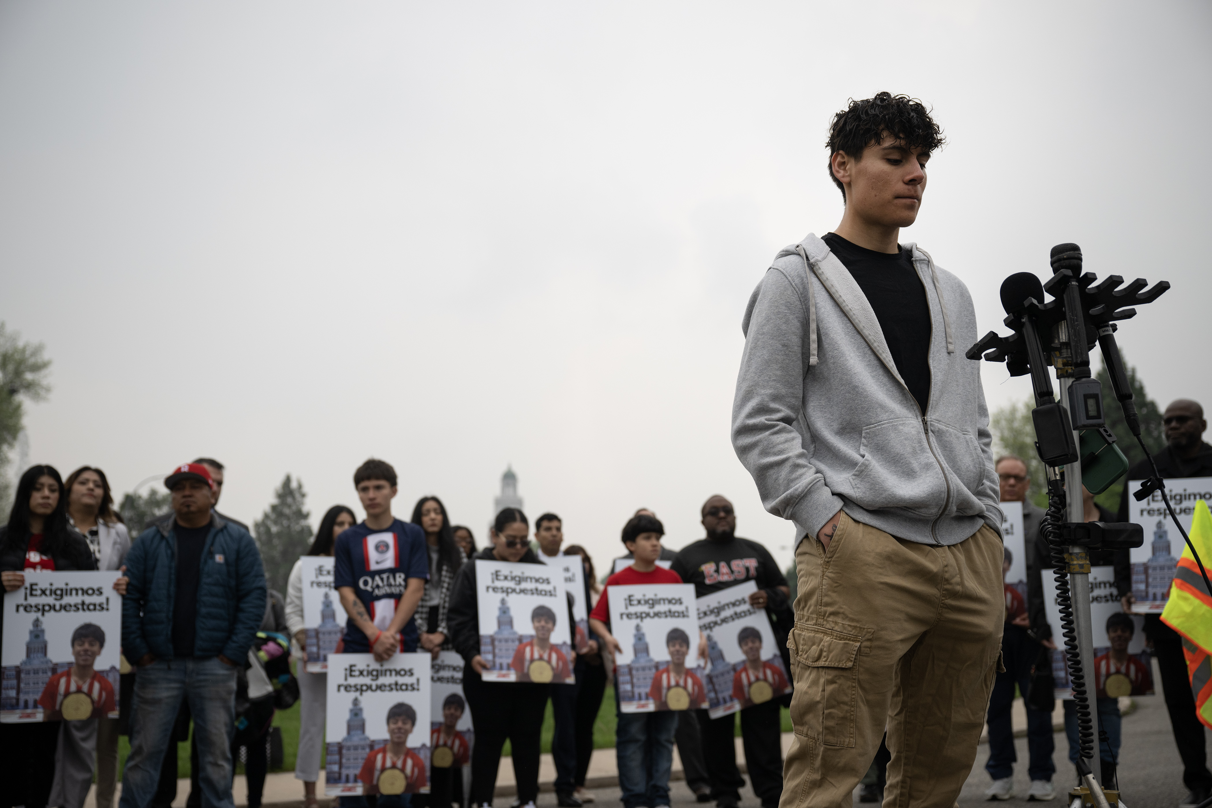 Santos Garcia, the brother of Luis Garcia, who was shot on February 13th in front of East High School and died two weeks later from his injuries, speaks to media during a press conference in front of the Thatcher Memorial Fountain on Friday, May 19, 2023, at City Park in Denver. (Timothy Hurst/Denver Gazette) (TimHursttim.hurst@gazette.comhttps://secure.gravatar.com/avatar/aca82bd62b4ee425c598527cd6faa1b1?d=mm&r=g)