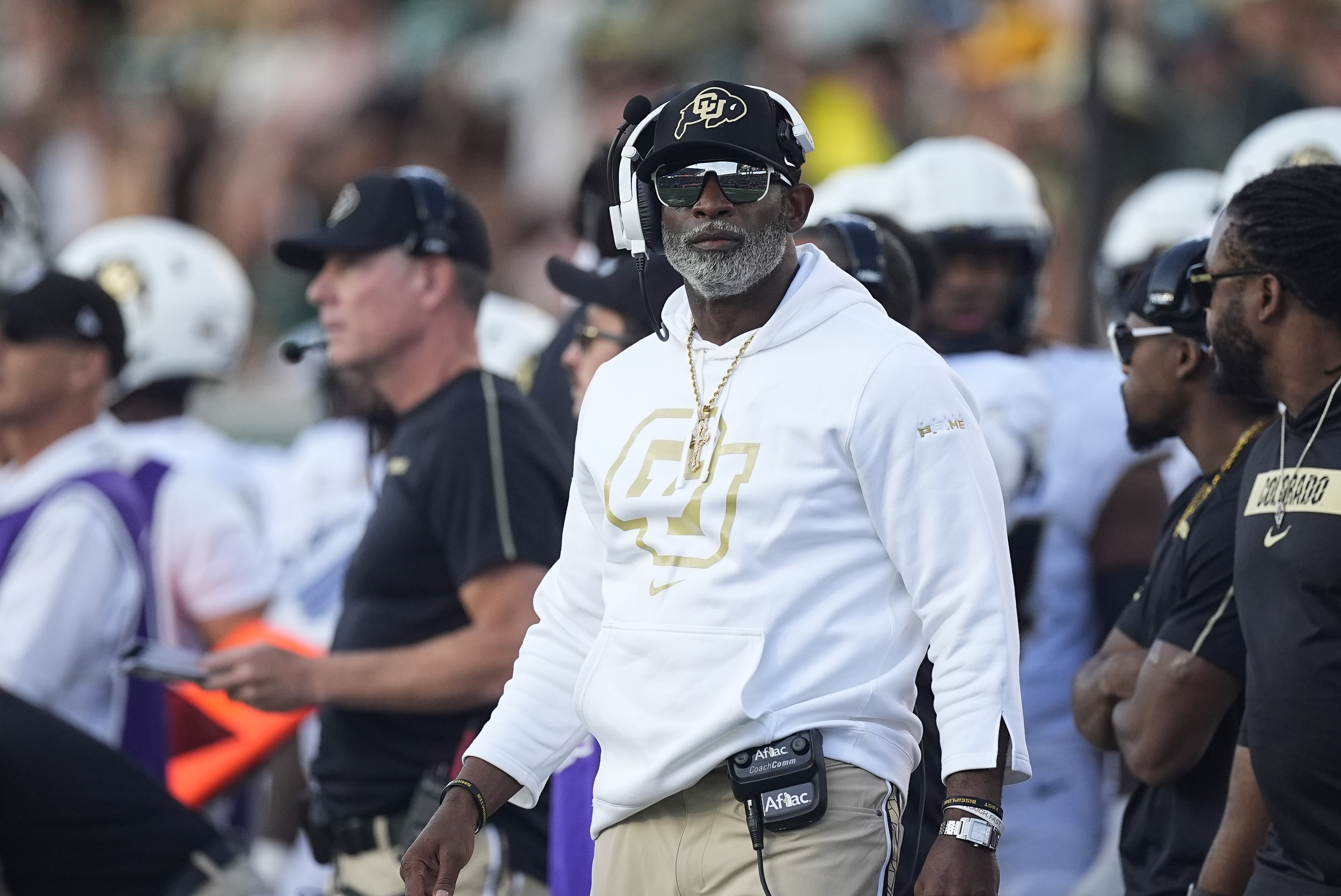Colorado head coach Deion Sanders in the first half of an NCAA college football game Saturday, Sept. 14, 2024, in Fort Collins, Colo. (AP Photo/David Zalubowski) (David Zalubowski)