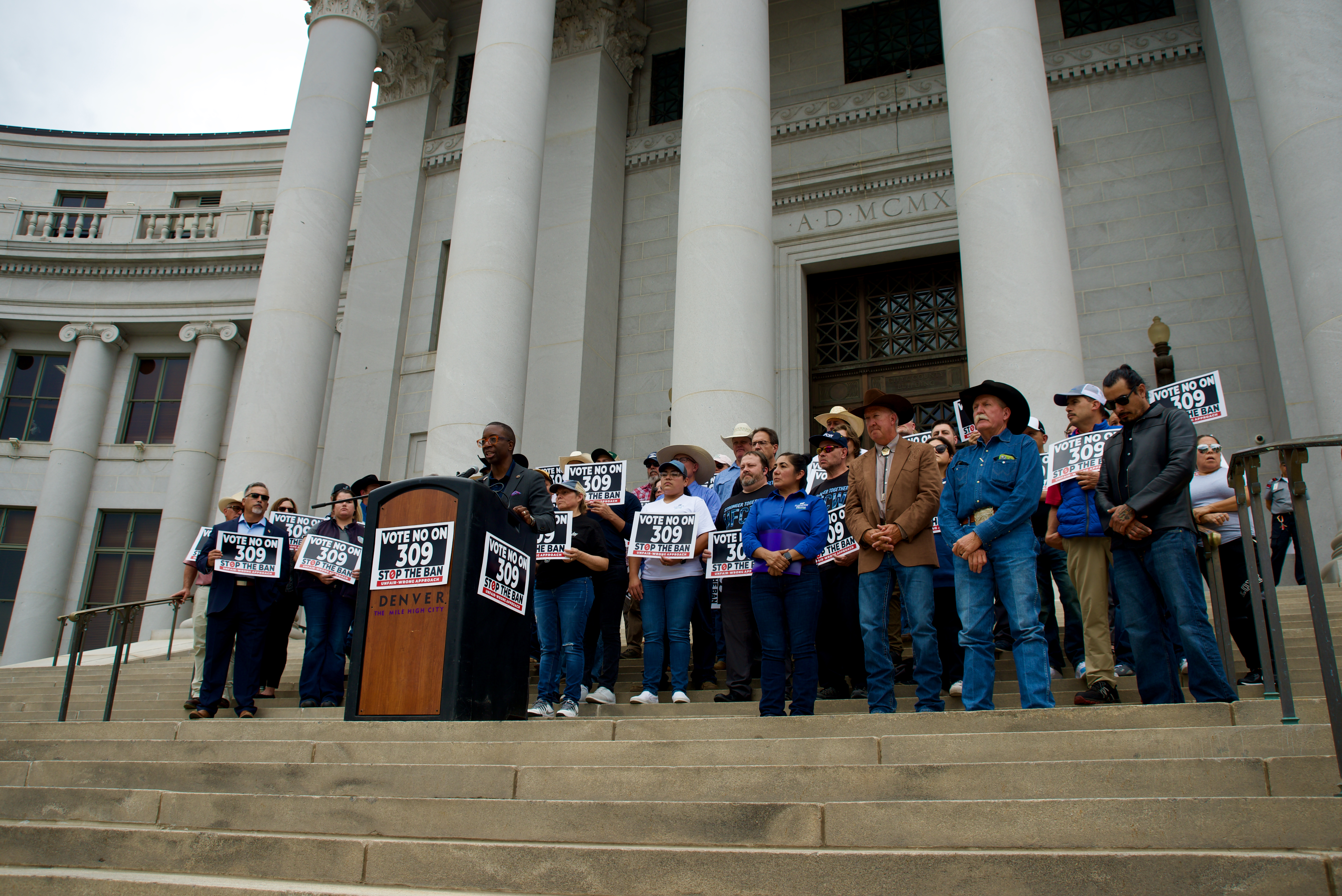 People opposed to a measure, Initiated Ordinance 309, gather outside the City and County Building during a press conference on Wednesday, Sept. 11, 2024. (Alex Edwards/The Denver Gazette) (AlexanderEdwardsBusiness Reporteralex.edwards@gazette.comhttps://secure.gravatar.com/avatar/dbaa50cc8a9183e280c297e3afa72ace?d=mm&r=g)