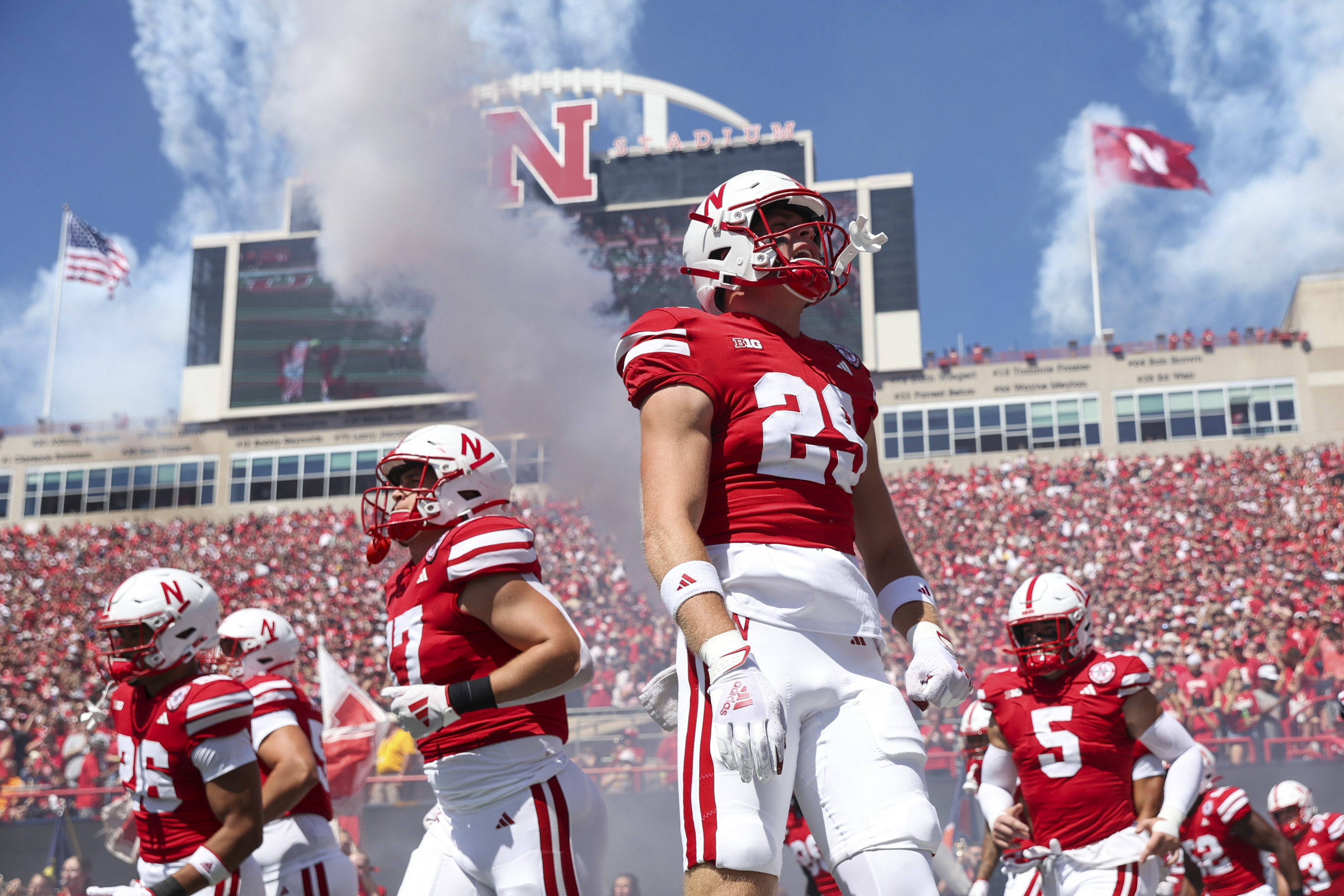 Nebraska's Carter Nelson (29) celebrates as he and teammates run onto the field before an NCAA college football game against UTEP, Saturday, Aug. 31, 2024, in Lincoln, Neb. (Nikos Frazier/Omaha World-Herald via AP) (Nikos Frazier)