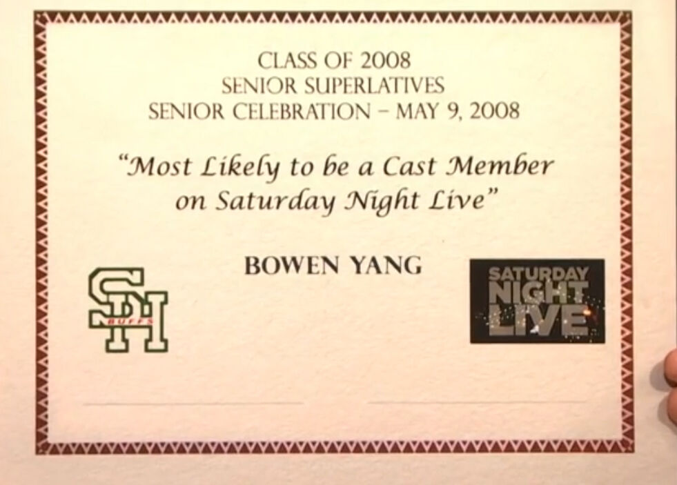 Smoky Hill High School's Class of 2008 knew what was in store for Bowen Yang. (NBC SCREENSHOT)