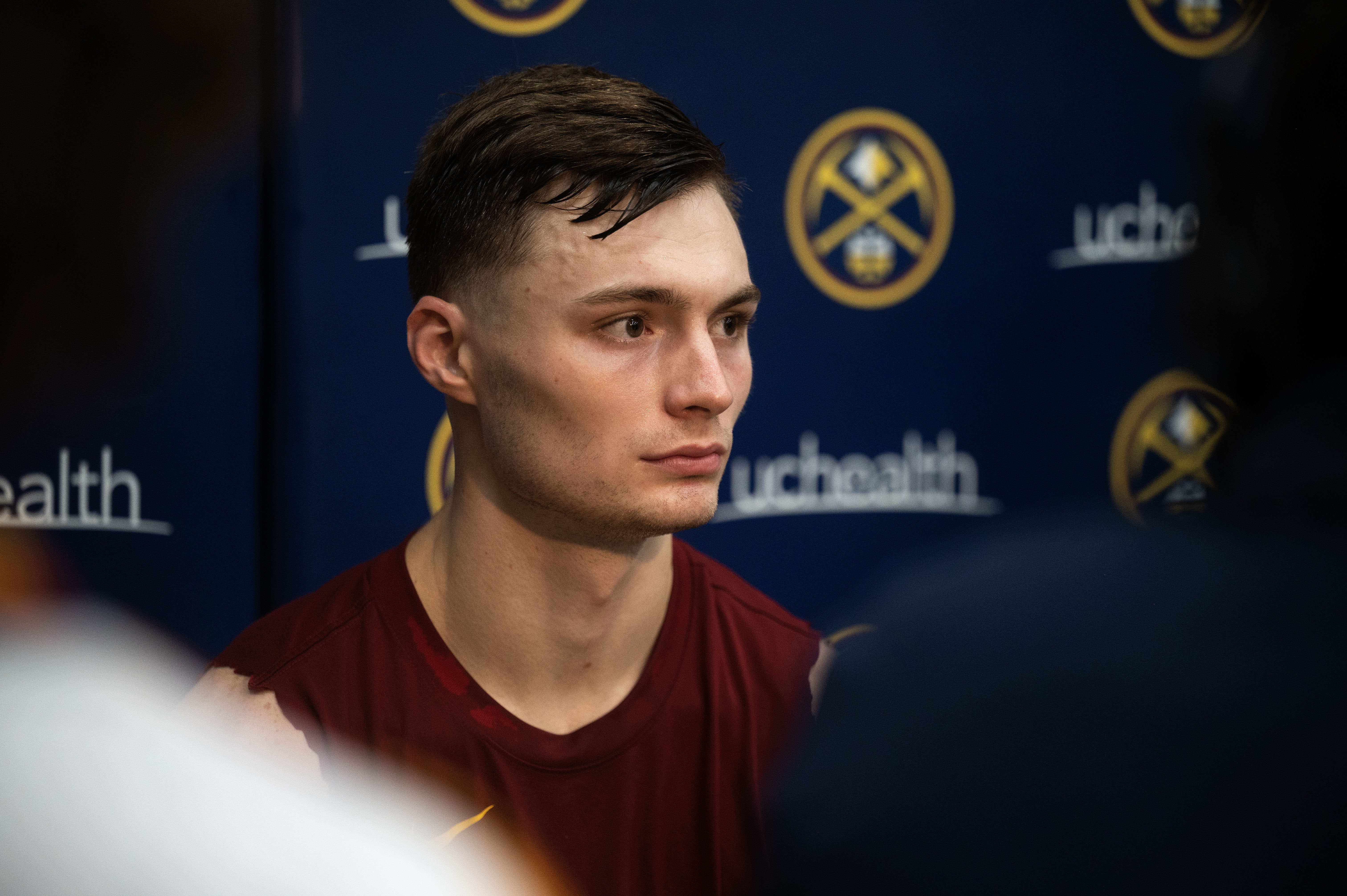Nuggets guard Christian Braun talks to members of the press during Nuggets training camp in Denver on Friday, Sept. 27, 2024 (Stephen Swofford, Denver Gazette) (StephenSwoffordPhotographerstephen.swofford@gazette.comhttps://secure.gravatar.com/avatar/1ddcaf11c5d70eaa58546ddc4e038687?d=mm&r=g)