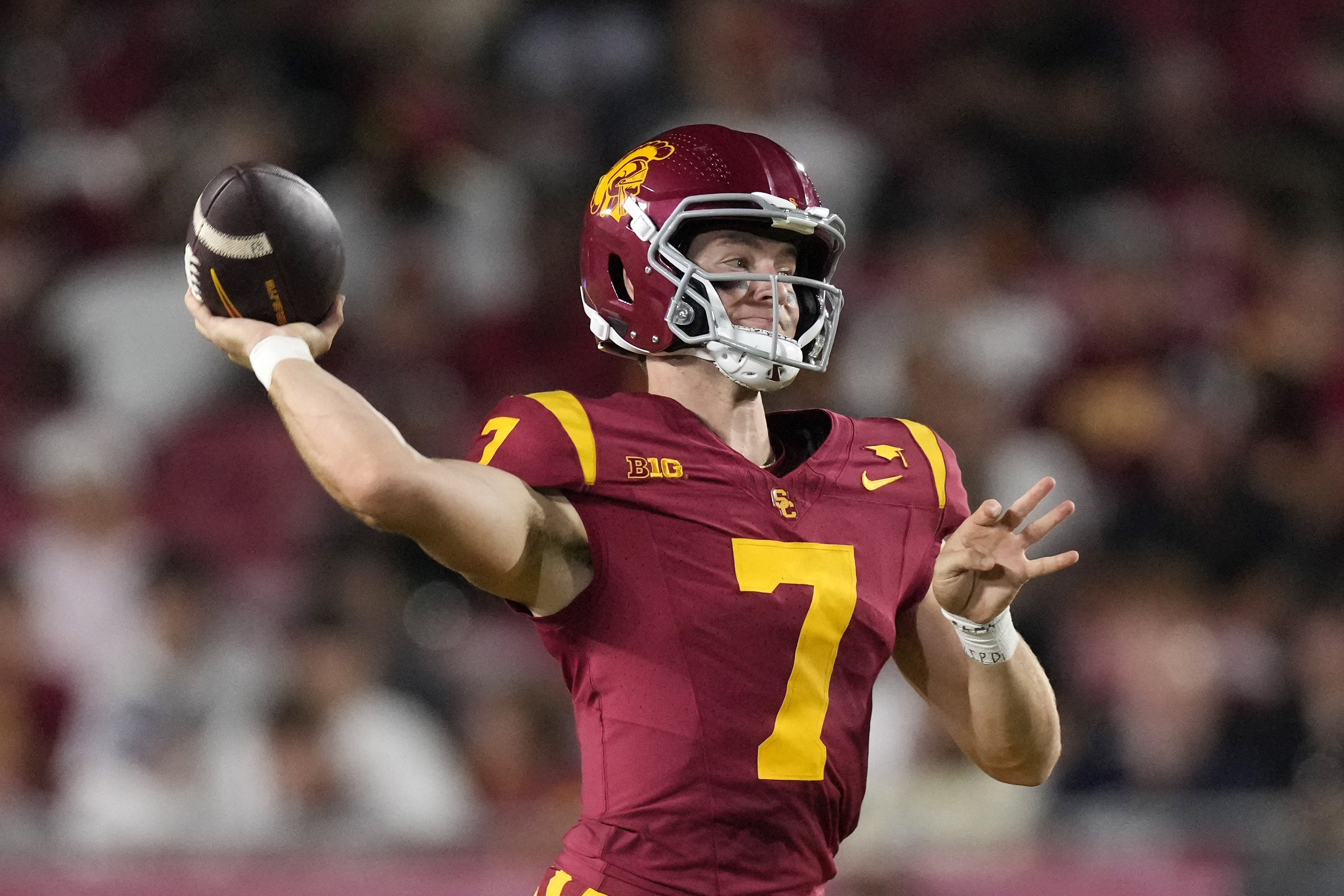 Southern California quarterback Miller Moss passes during the first half of an NCAA college football game against Utah State, Saturday, Sept. 7, 2024, in Los Angeles. (AP Photo/Mark J. Terrill) (Mark J. Terrill)