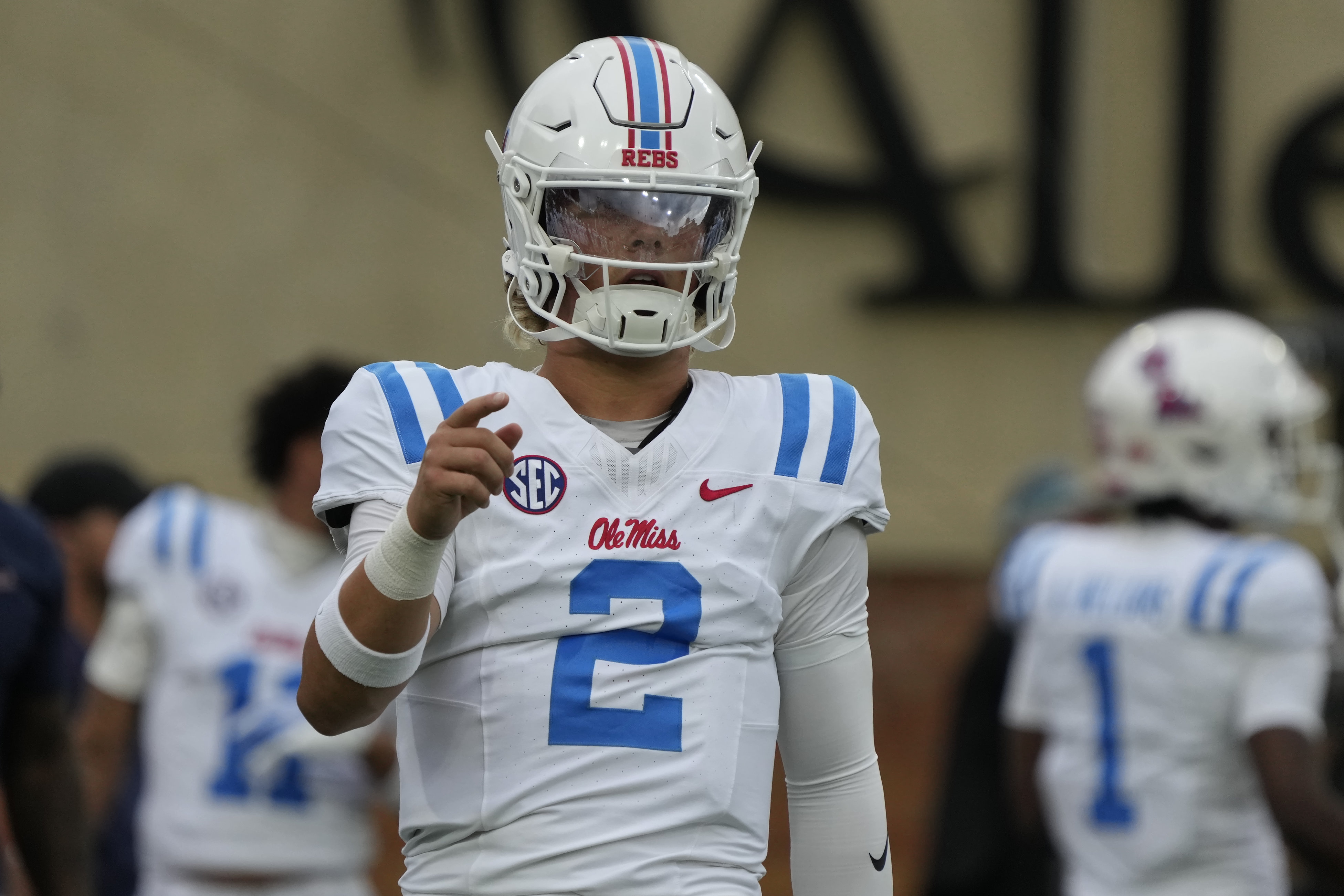 Mississippi quarterback Jaxson Dart (2) warms up before an NCAA college football game against Wake Forest in Winston-Salem, N.C., Saturday, Sept. 14, 2024. (AP Photo/Chuck Burton) (Chuck Burton)
