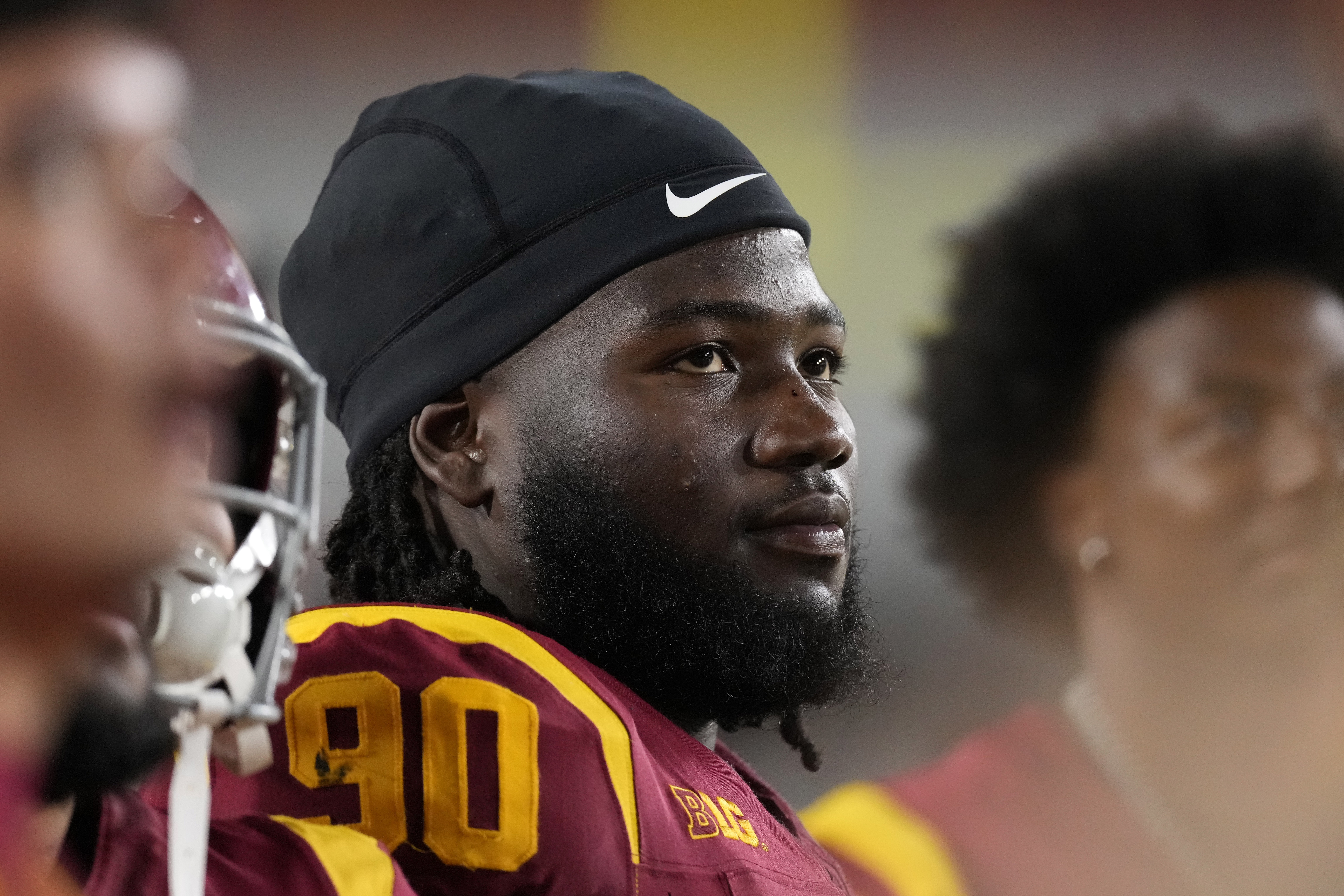 Southern California defensive tackle Bear Alexander stands on the sideline during the second half of an NCAA college football game against Utah State, Saturday, Sept. 7, 2024, in Los Angeles. (AP Photo/Mark J. Terrill) (Mark J. Terrill)