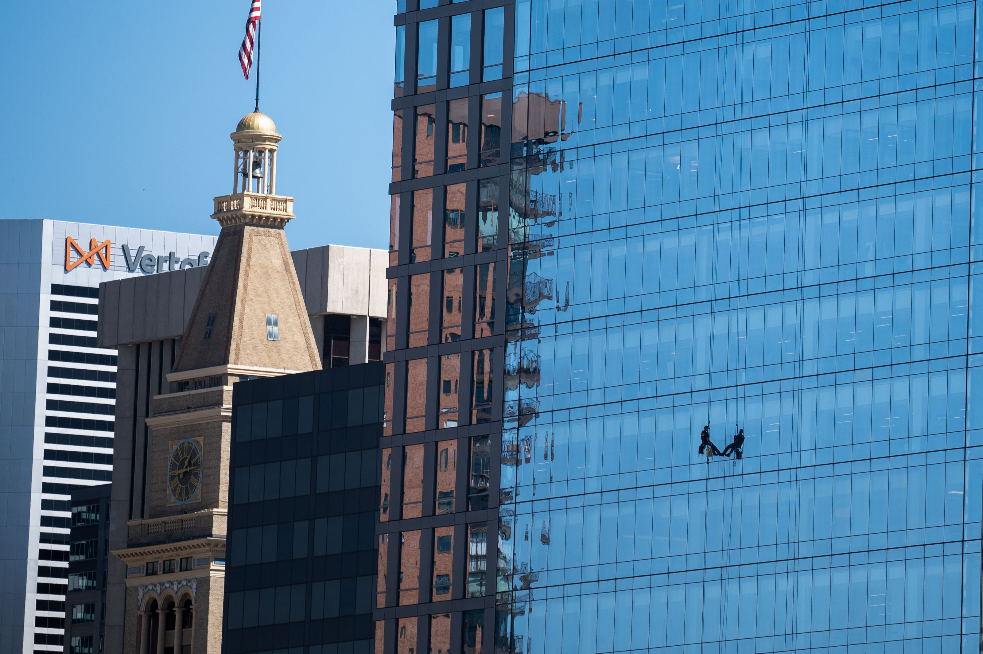FILE PHOTO: A window washer works on the Polsinelli building downtown on Thursday, Sept. 19, 2024 (Stephen Swofford, Denver Gazette) (StephenSwoffordPhotographerstephen.swofford@gazette.comhttps://secure.gravatar.com/avatar/1ddcaf11c5d70eaa58546ddc4e038687?d=mm&r=g)