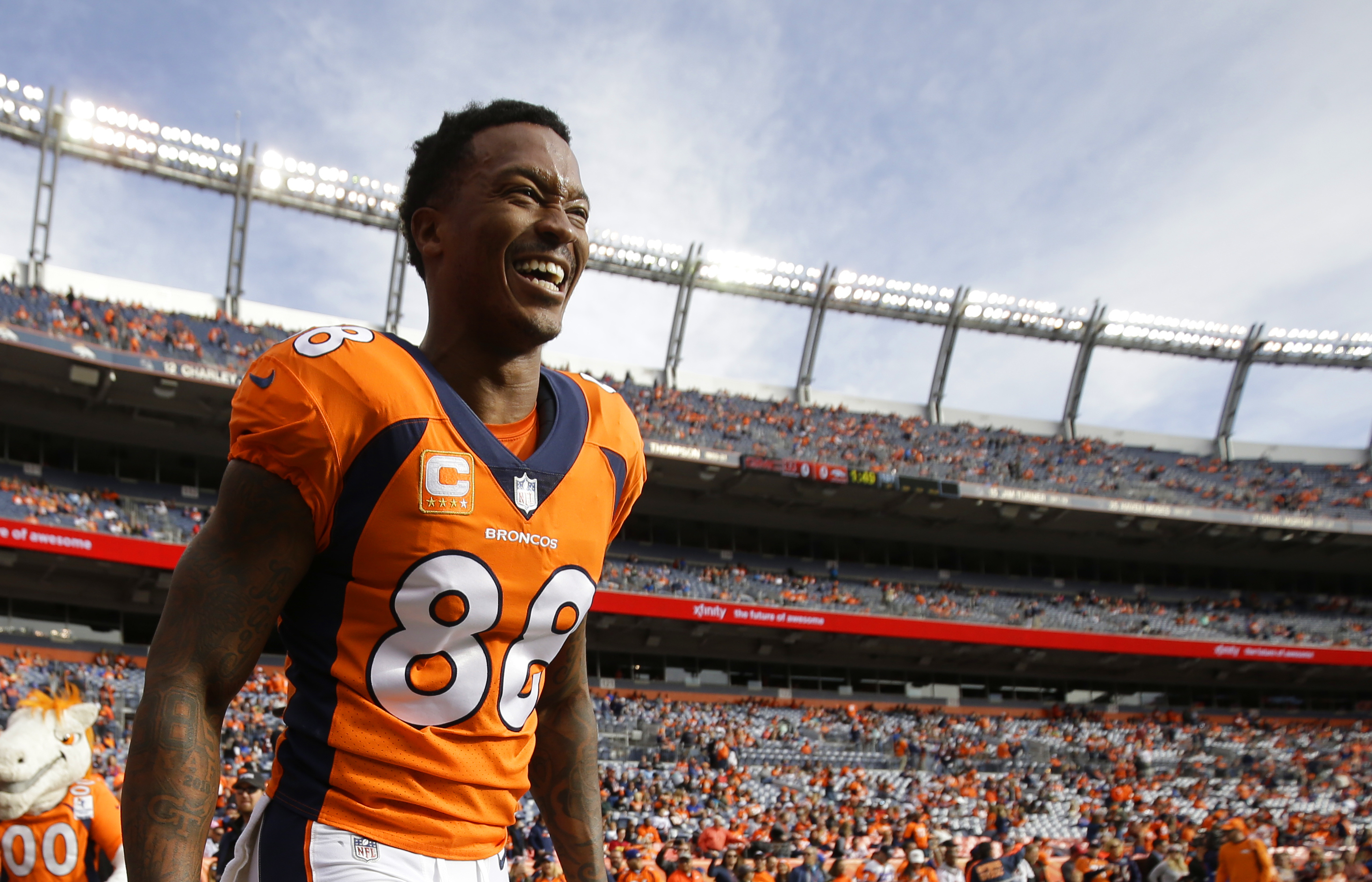 Denver Broncos wide receiver Demaryius Thomas smiles as he runs on the field during an NFL football game between the Denver Broncos and the Cincinnati Bengals, Sunday, Nov. 19, 2017, in Denver. (AP Photo/Jack Dempsey) (Jack Dempsey)