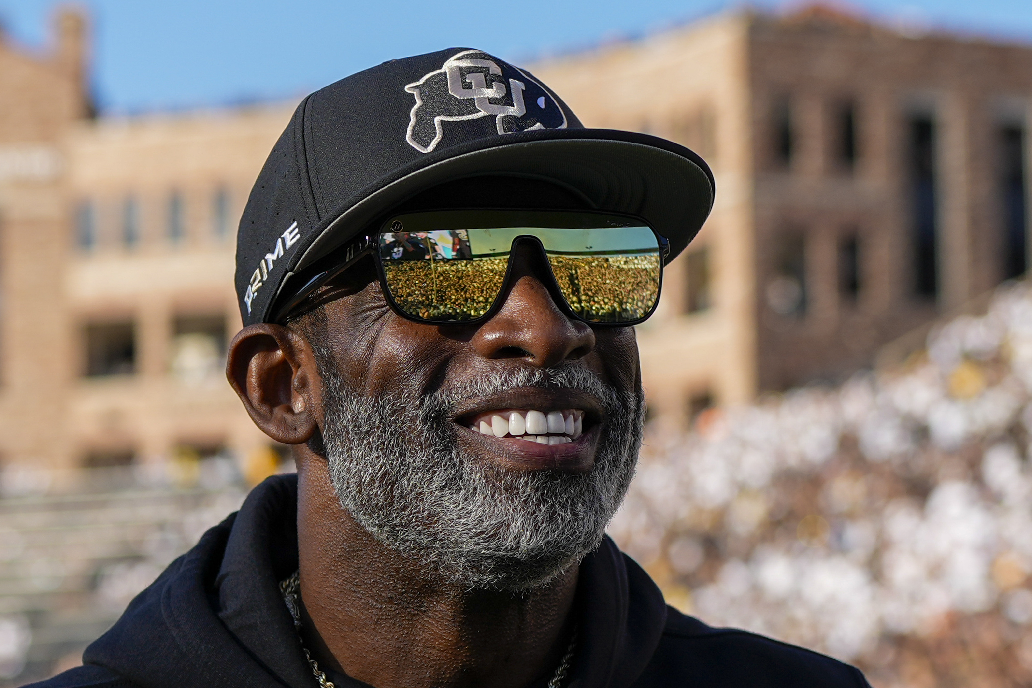 Colorado head coach Deion Sanders hypes fans against North Dakota State during an NCAA college football game Thursday, Aug. 29, 2024, in Boulder, Colorado. (AP Photo/Jack Dempsey) (Jack Dempsey)