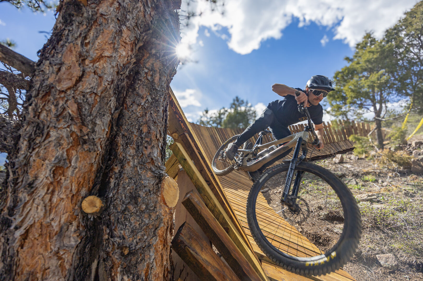 Drop Shaft, one of the first mountain bike trails now open at Virginia Canyon Mountain Park above Idaho Springs, is a fast drop ending in a wooden “corkscrew that makes you do a loop-de-loop,” said Colorado Mountain Bike Association’s Gary Moore. (Photos by Todd Abbotts, Abbotts Photography)