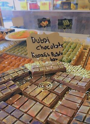 The Dubai Chocolate Knafeh Pistachio Bar on display at Reem’s Bakery, an indulgent fusion of Middle Eastern flavors with a modern twist. (Courtesy: Reem's Bakery)