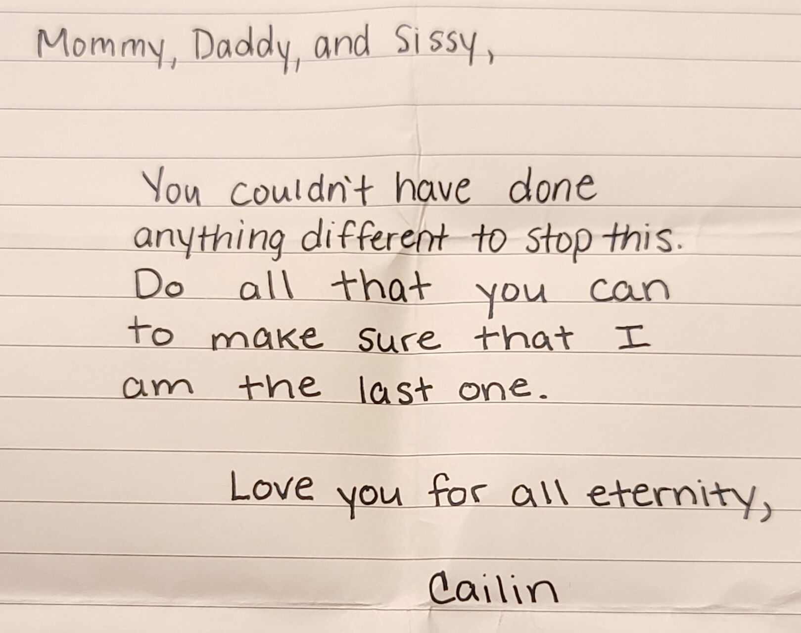 Gary and Colleen Foster take their mandate to fight for reforms at the Air Force Academy from their daughter’s note. (Courtesy of Gary and Colleen Foster)