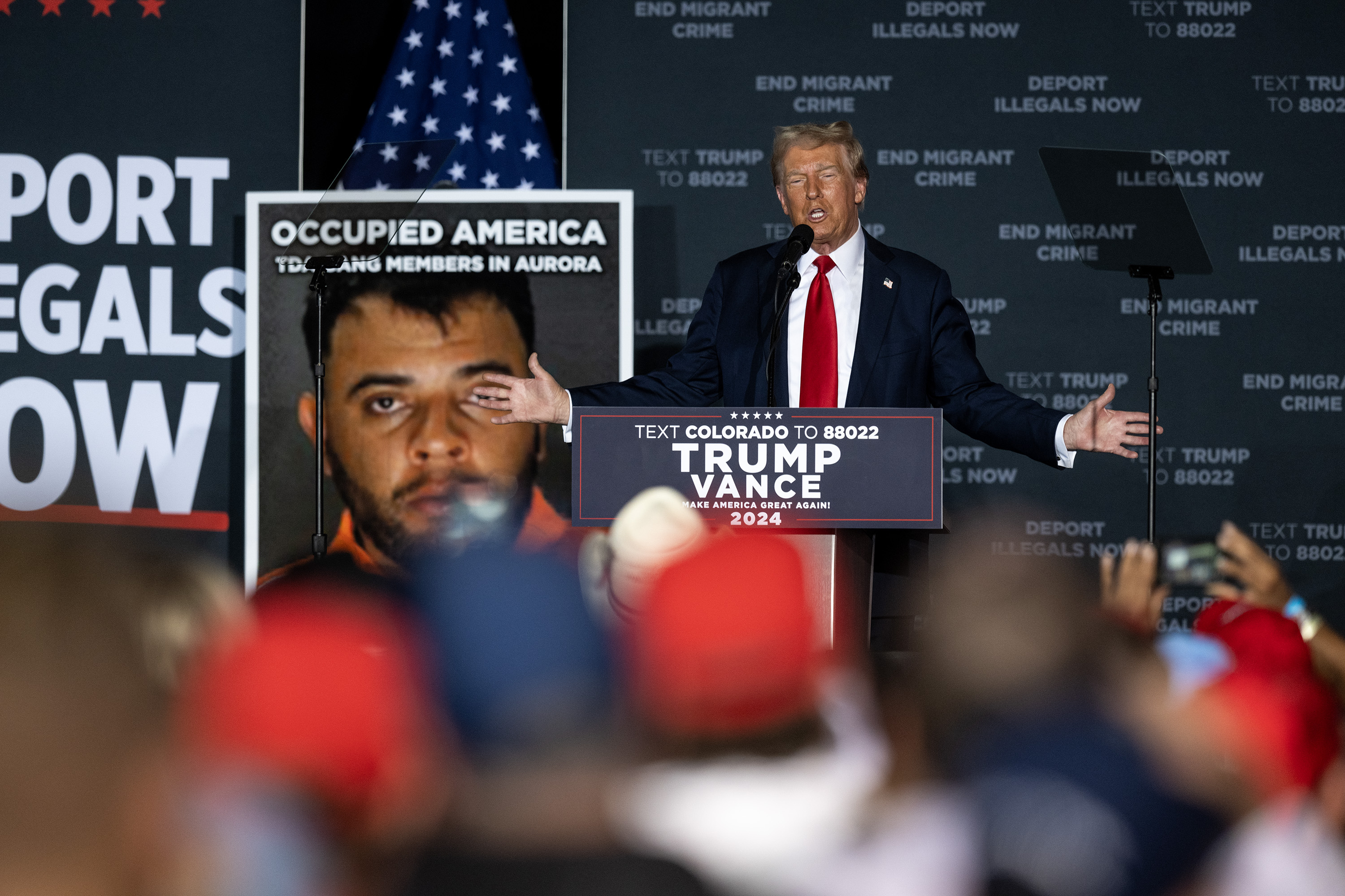 Republican presidential nominee former President Donald Trump makes remarks during a campaign rally at the Gaylord Rockies Resort and Convention Center, Friday, Oct. 11, 2024, in Aurora, Colo. (Parker Seibold, The Gazette) (Parker Seibold, The Gazette)