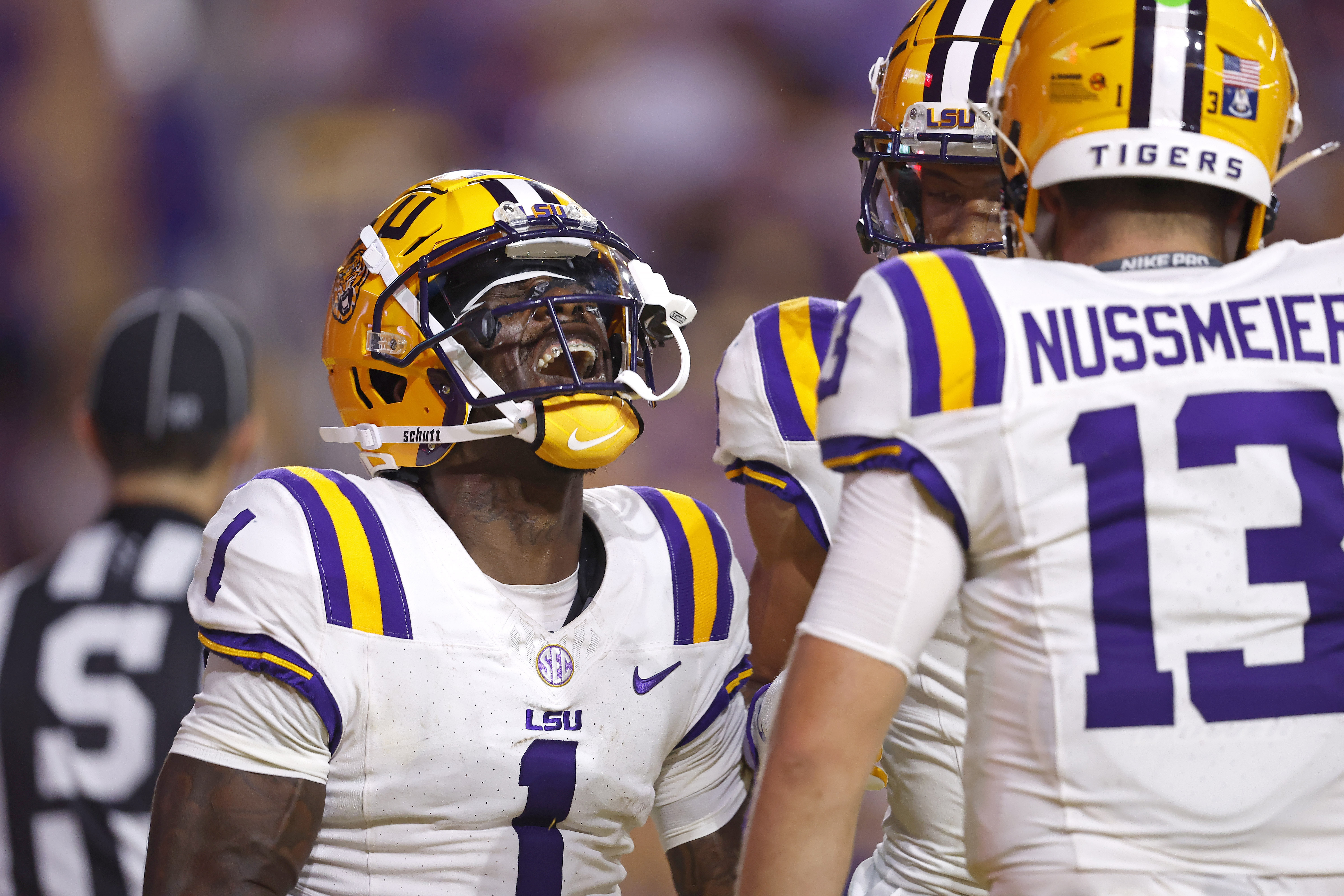 LSU wide receiver Aaron Anderson (1) celebrates after scoring a touchdown during the first half of an NCAA college football game against South Alabama in Baton Rouge, La., Saturday, Sept. 28, 2024. (AP Photo/Tyler Kaufman) (Tyler Kaufman)