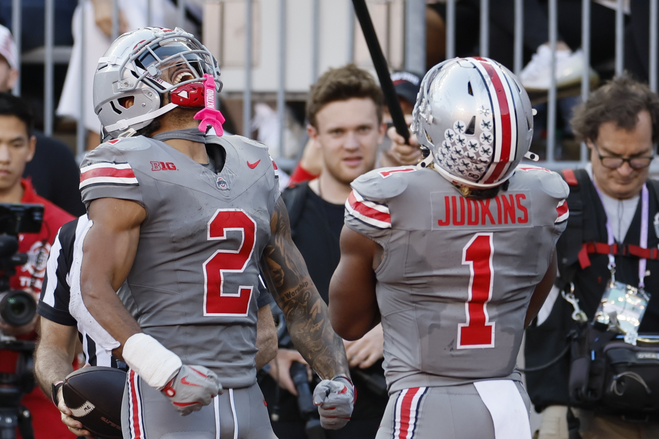 Ohio State receiver Emeka Egbuka, left, and running back Quinshon Judkins celebrate their touchdown against Iowa during the second half of an NCAA college football game, Saturday, Oct. 5, 2024, in Columbus, Ohio. (AP Photo/Jay LaPrete) (Jay LaPrete)