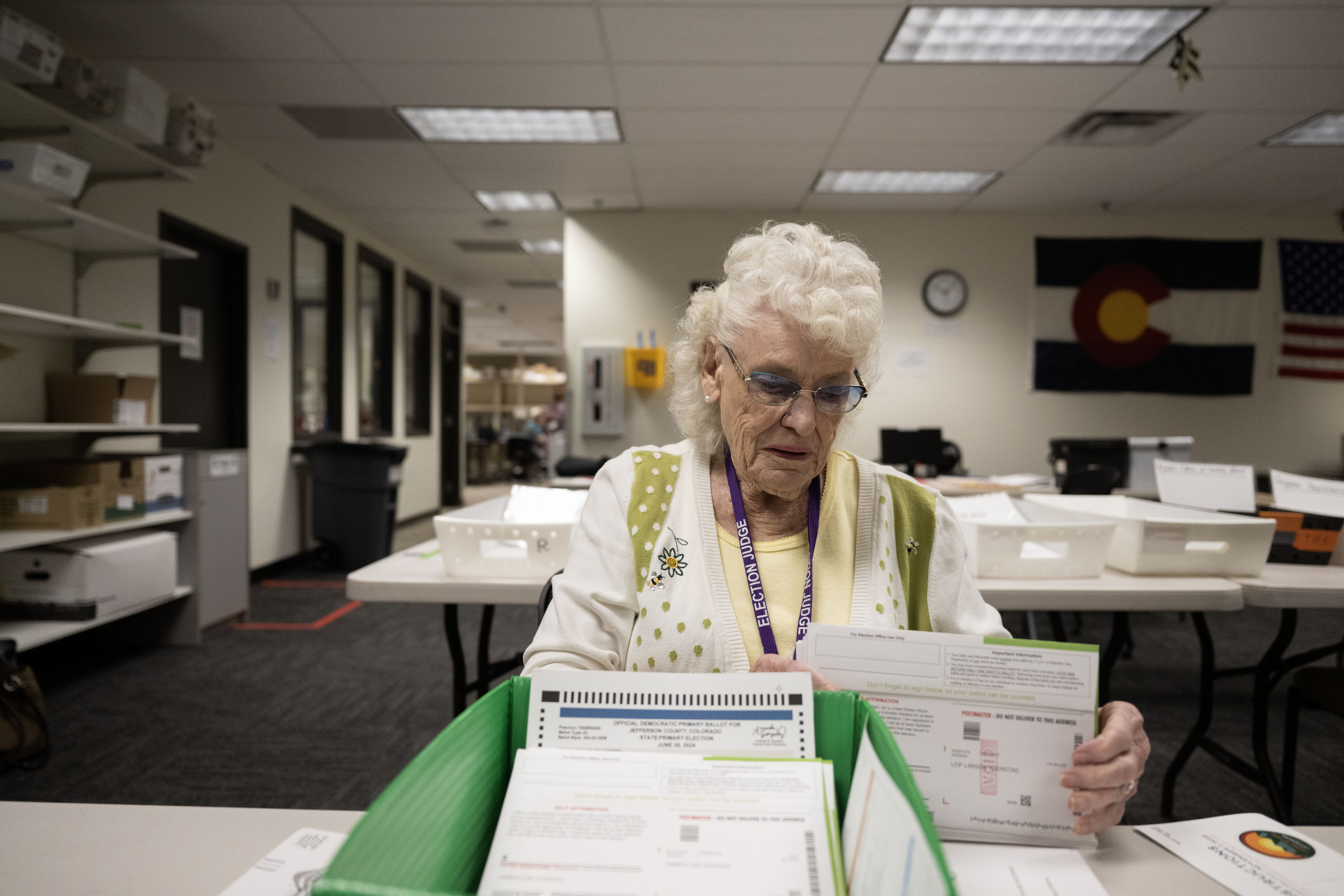Marilyn Whisenand, 90-year old election judge in Jefferson County, stands for a portrait in the Jefferson County Election office in Golden on Thursday, Oct. 10, 2024. (Stephen Swofford, Denver Gazette) (Stephen Swofford Denver Gazette)