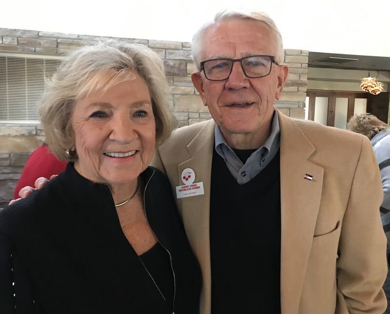 Former lawmakers Nancy Spence and Paul Schauer at the Cherry Creek Republican Women's lunch Nov. 12, 2019. (Lynn Bartels for Colorado Politics)