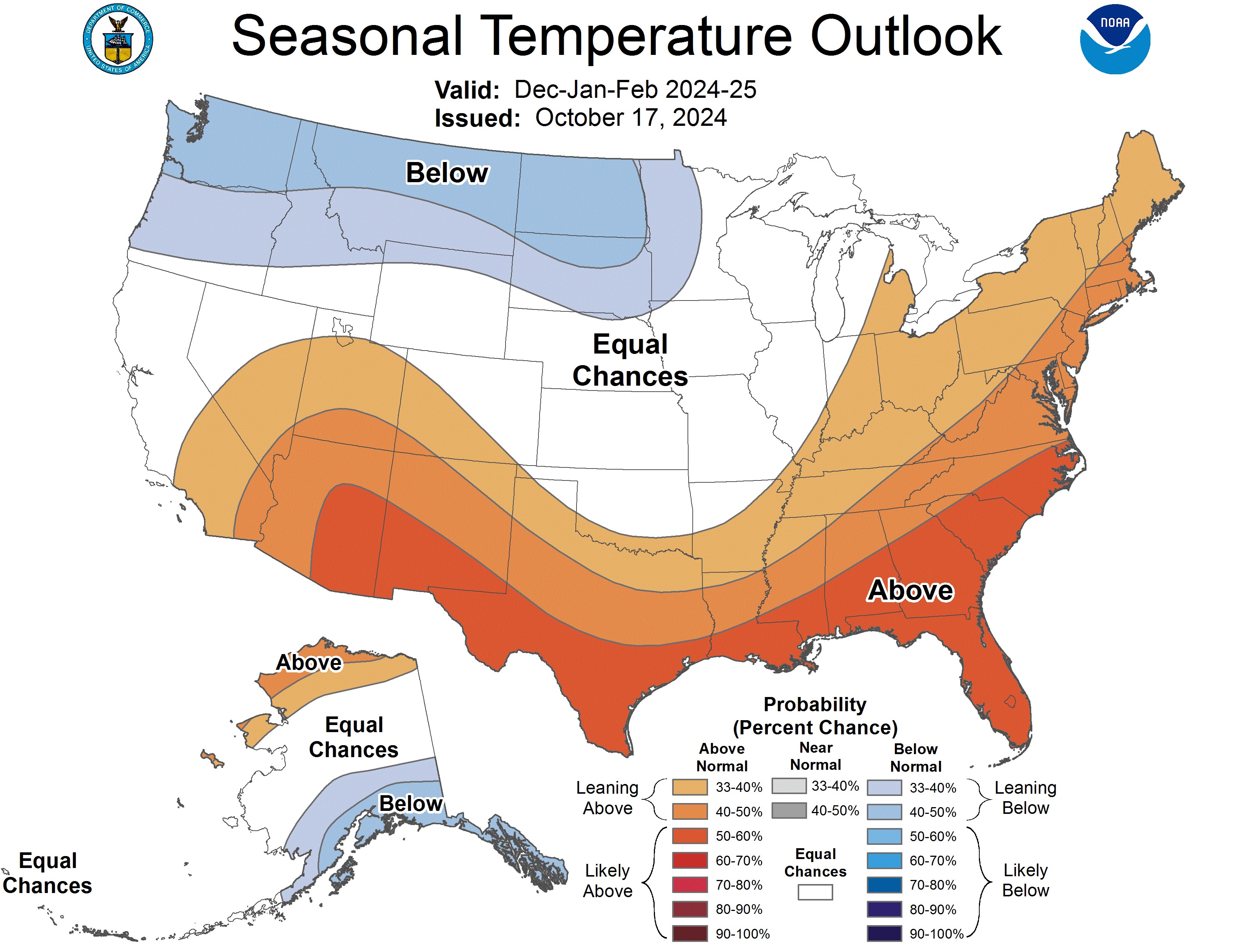 The 2024-2025 U.S. Winter Outlook map for temperature shows the greatest chances for cooler-than-average conditions in the Pacific Northwest of the U.S. (Courtesy, National Oceanic and Atmospheric Administration)