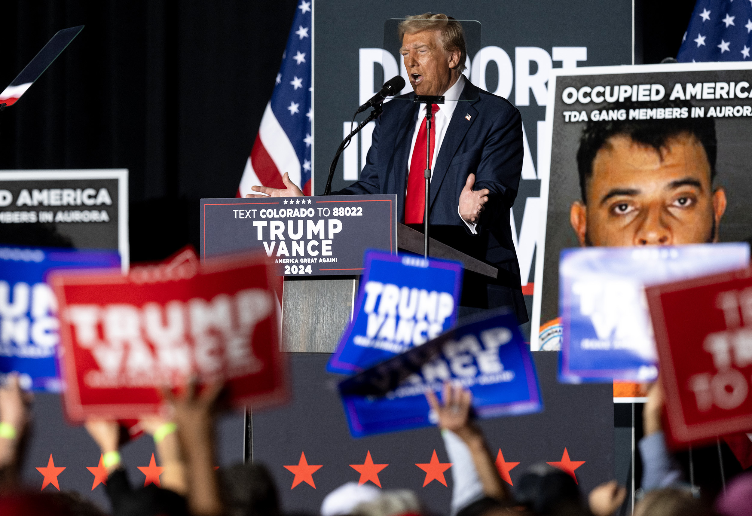 Republican presidential nominee former President Donald Trump makes remarks during a campaign rally at the Gaylord Rockies Resort and Convention Center, Friday, Oct. 11, 2024, in Aurora, Colo. (Parker Seibold, The Gazette) (Parker Seibold, The Gazette)