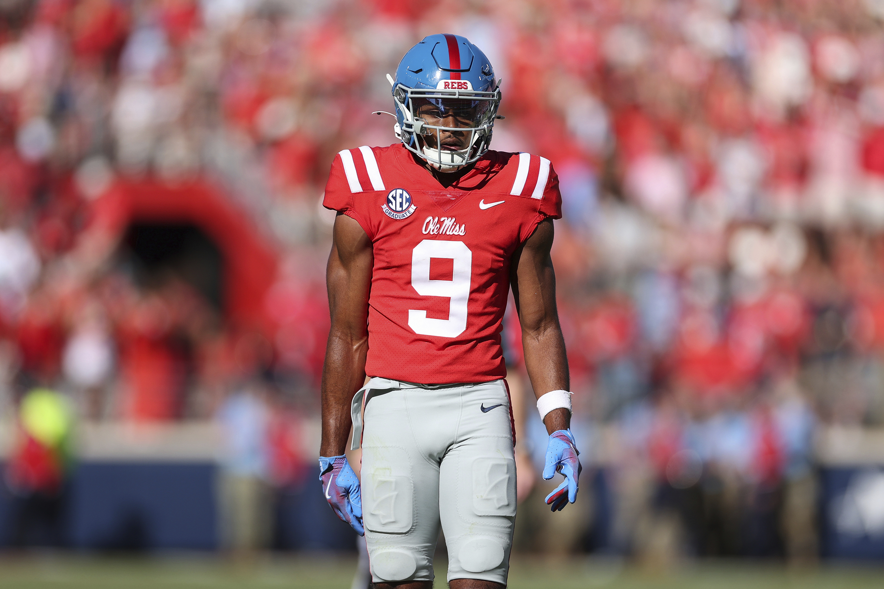 Mississippi wide receiver Tre Harris (9) is seen during the first half of an NCAA college football game against Middle Tennessee on Saturday, Sept. 7, 2024, in Oxford, Miss. (AP Photo/Randy J. Williams) (Randy J. Williams)