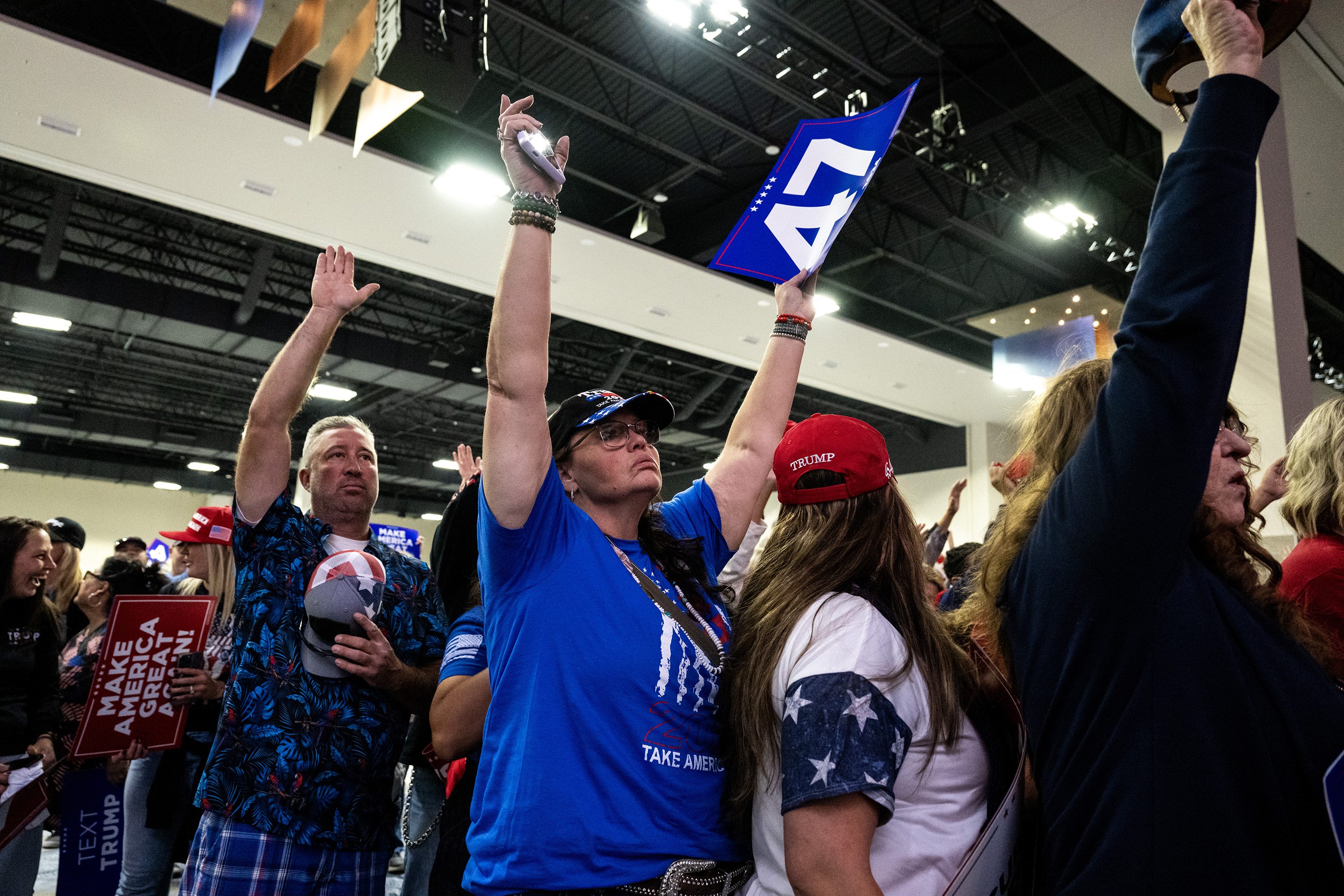 A rally goer becomes emotional during a prayer at a campaign rally for former President Donald Trump at the Gaylord Rockies Resort and Convention Center, Friday, Oct. 11, 2024, in Aurora, Colo. (Parker Seibold, The Gazette) (Parker Seibold, The Gazette)