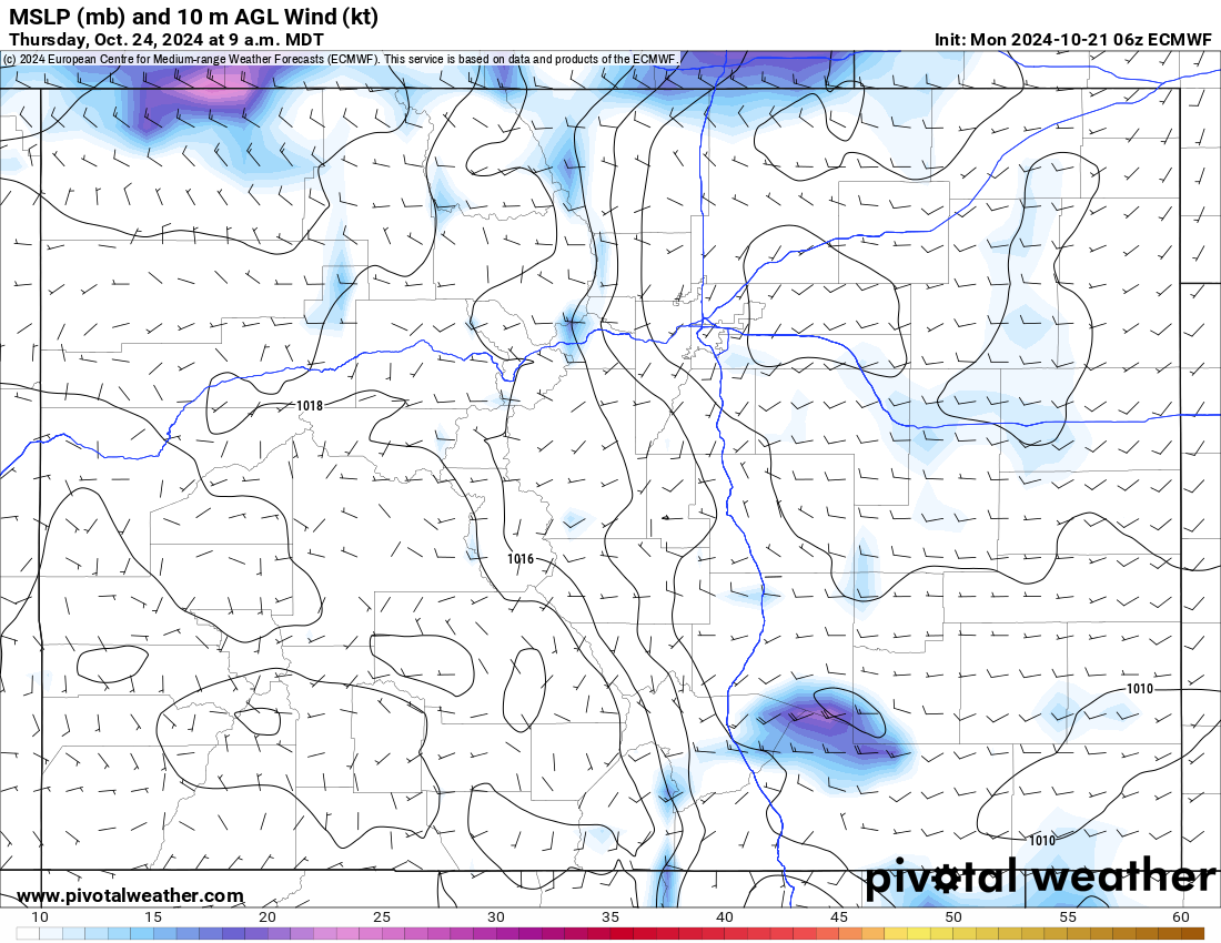 Forecasted wind speeds in Colorado from the ECMWF model for 9 a.m., Thursday, Oct. 24, 2024. (Pivotal Weather.com)