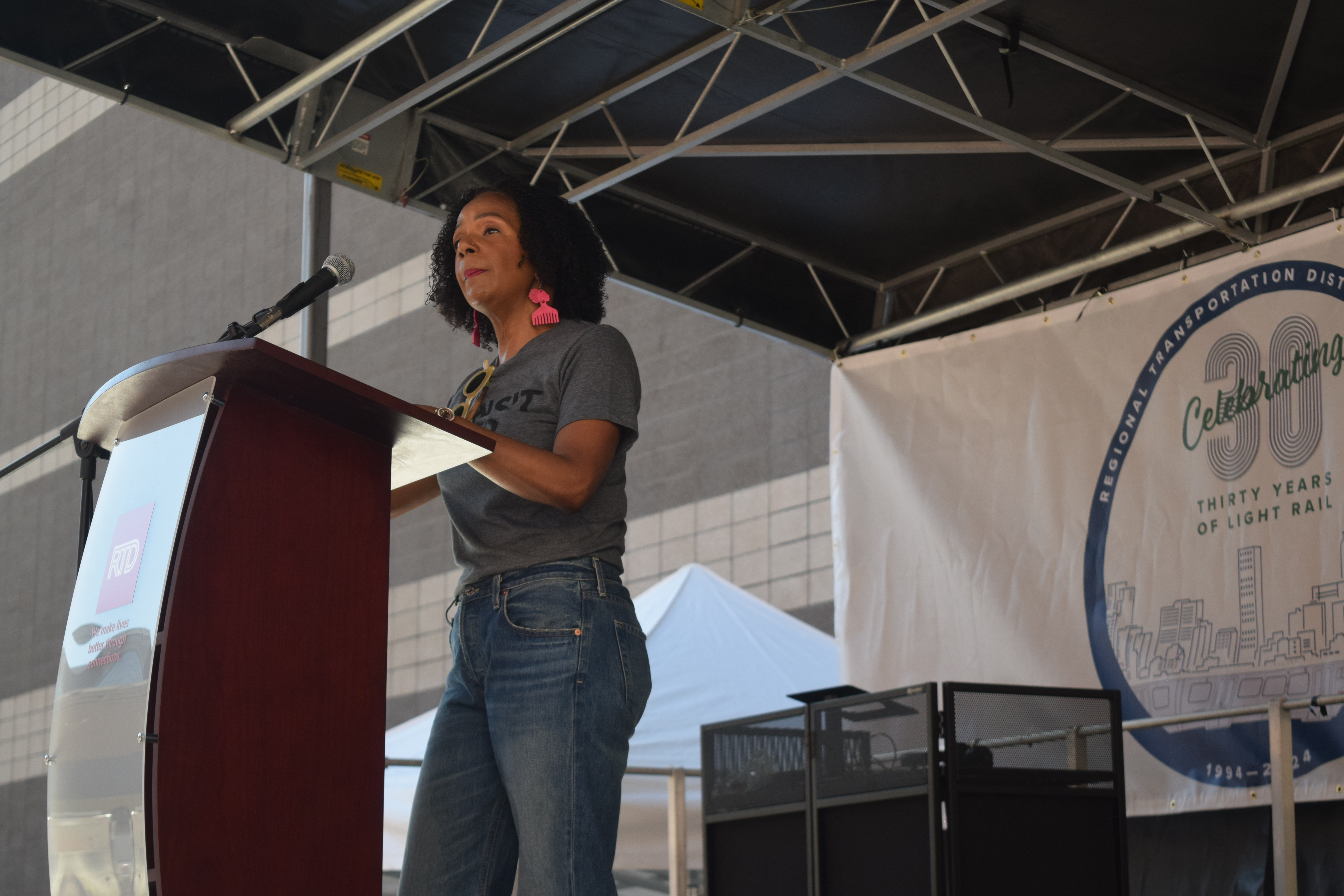 Debra Johnson, RTD general manager and CEO, talks to the crowd during the agency's 30-year light rail celebration on Saturday.