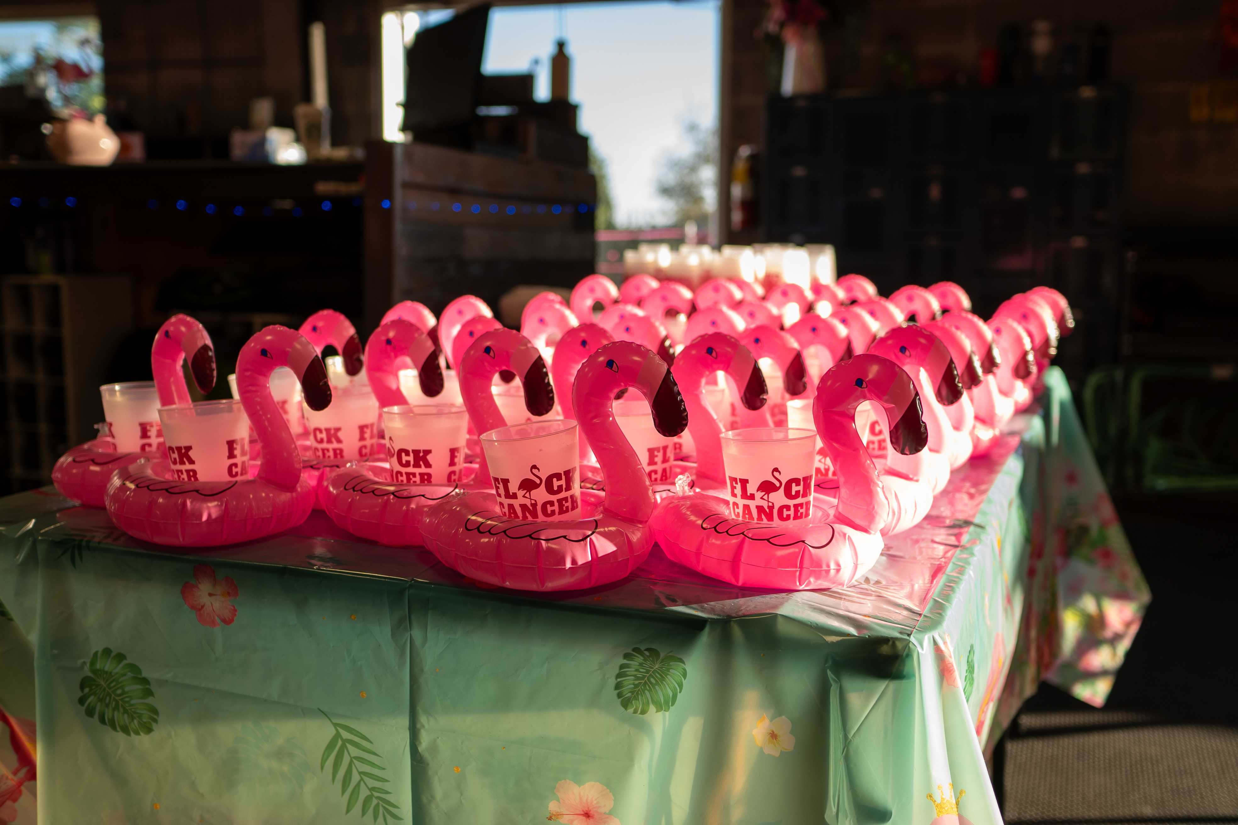 Craft beer sampling glasses in inflatable flamingos stand ready for Brewery Boot Camp for Breast Cancer 2024 participants to enjoy the mini beer festival at the Centennial event, Oct. 5, 2024. (Courtesy photo, Sunfire Photos)