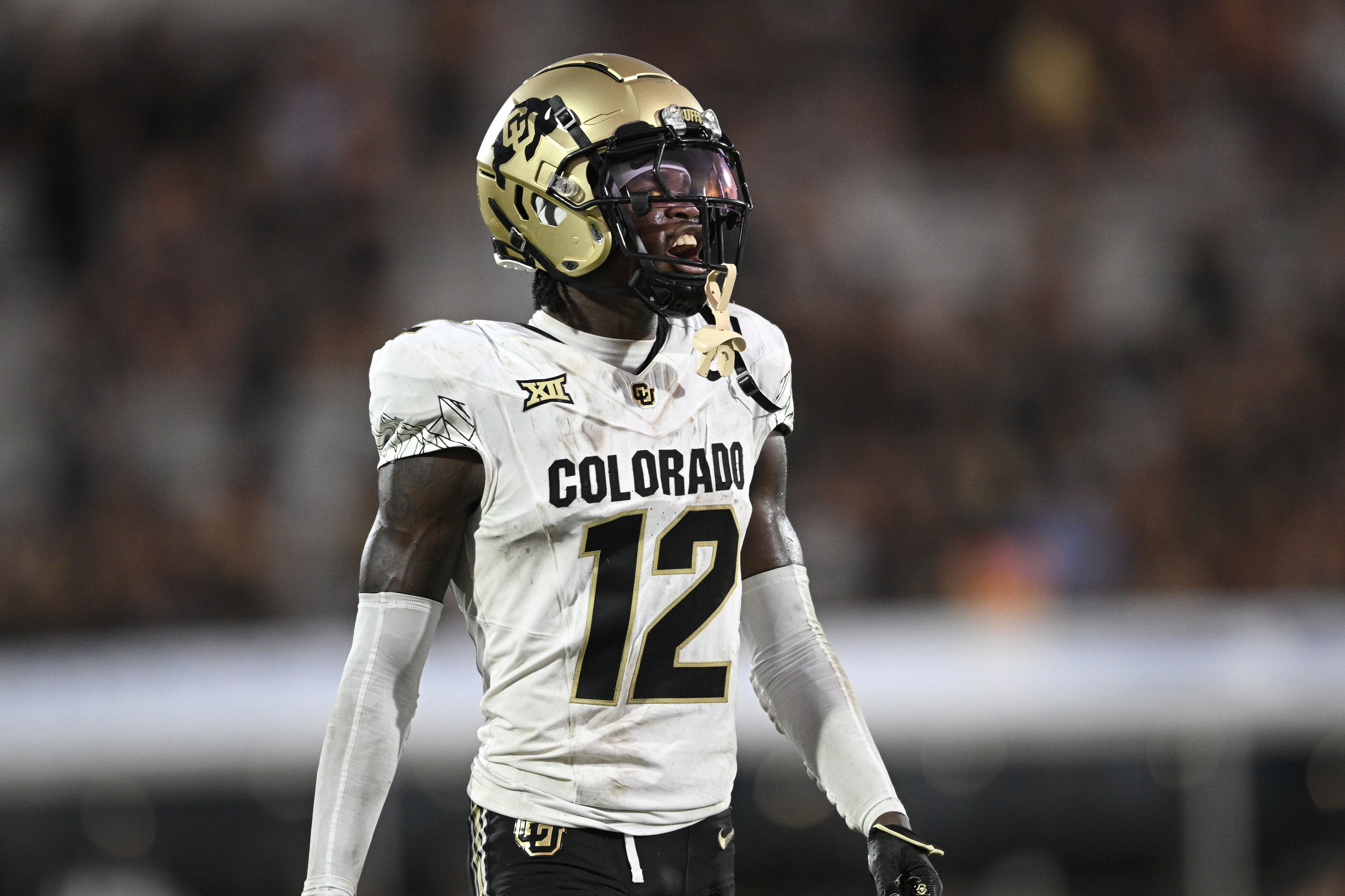 Colorado wide receiver Travis Hunter (12) sets up for a play against Central Florida during the second half of an NCAA college football game, Saturday, Sept. 28, 2024, in Orlando, Fla. (AP Photo/Phelan M. Ebenhack) (Phelan M. Ebenhack)