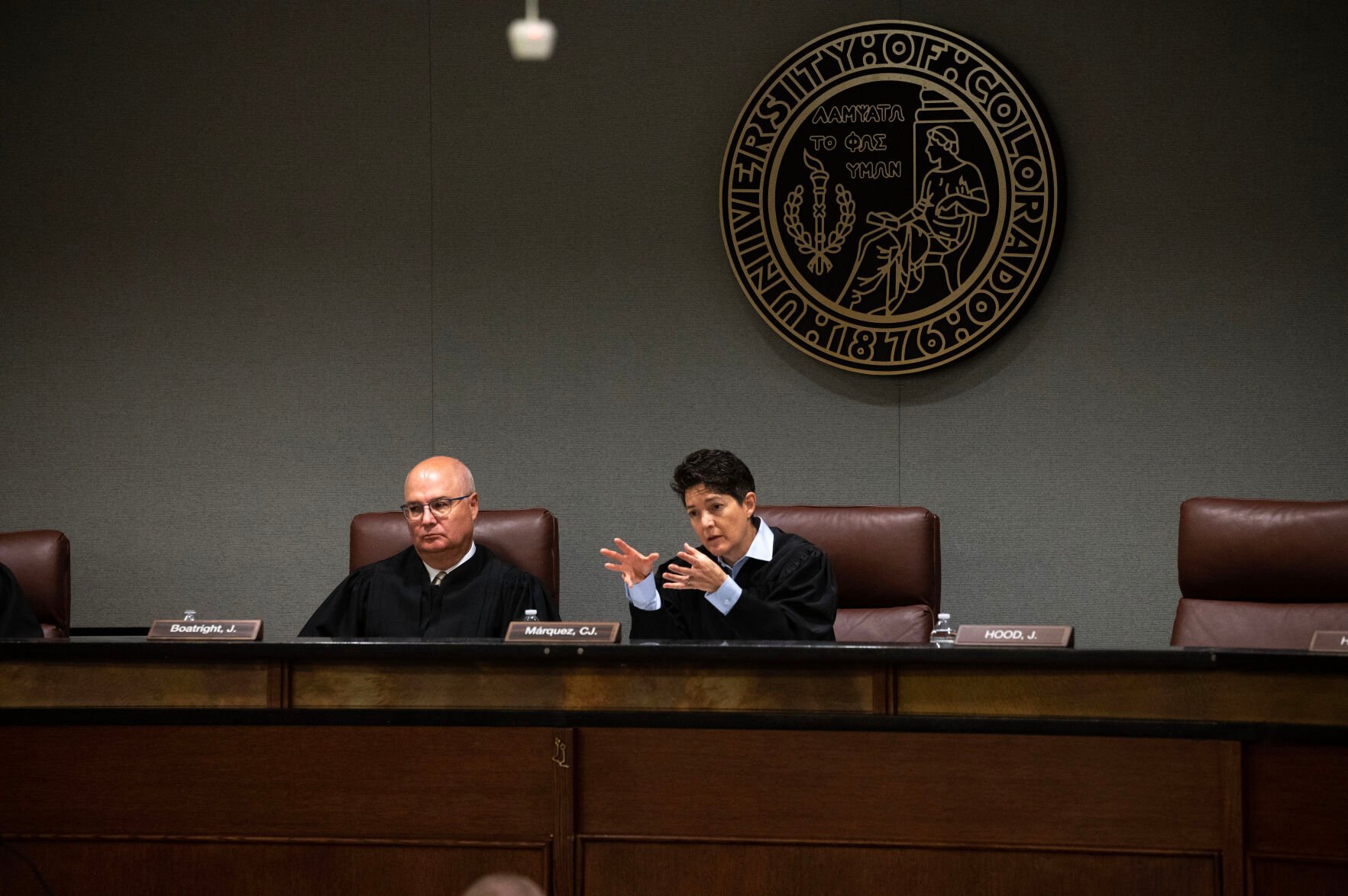Colorado Supreme Court Justice Brian D. Boatright, left, listens as Chief Justice Monica M. Márquez asks a question during arguments for Nonhuman Rights Project v. Cheyenne Mountain Zoological Society as part of Courts in the Community at the Wolf Law building at University of Colorado Boulder on Thursday, Oct. 24. (Stephen Swofford, the Denver Gazette)